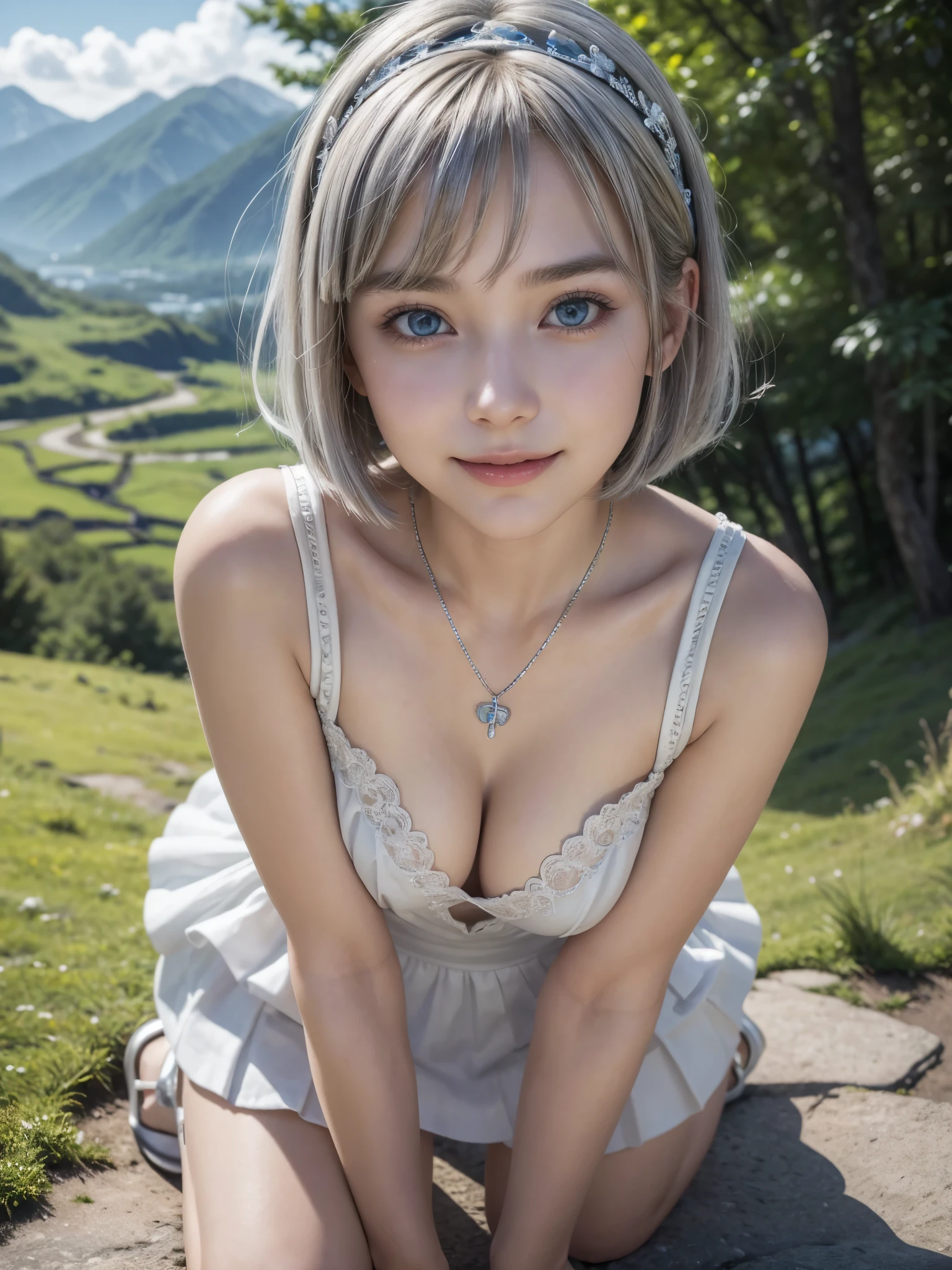 (masterpiece:1.3), (8K、photorealistic, Raw photo, best quality:1.4), (1 girl), (solo), (15 year old beautiful silver-haired Scandinavian girl), (Very beautiful and attractive woman, beautiful silver hair、intense blue eyes, strong eye highlights), (cute, little:1.5), (very beautiful face:1.5), (Beautiful face with perfect symmetry:1.2), (cute face:1.5), (wonderful smile:1.2), (perfect anatomy), (high detail skin: 1.2), (natural breasts), (beautiful thighs), (Intense blue eyes), (Beautiful silver hair bob cut), crossed bangs, asymmetrical bangs, lip gloss, (accurate arm, five fingers, accurate legs), (Detailed white dress, mini skirt:1.2), (The dress features white detailed lace., Decorated with silver embroidery), (Silver decorative headband, necklace), (Stylish high heels), Attractive, ultra high resolution, Super realistic, extremely detailed, golden ratio, Photorealistic anime girl rendering, Realistic anime 3D style, look at viewer, A summer resort in the highlands, Beautiful mountain and forest background, ((beautiful smile)),