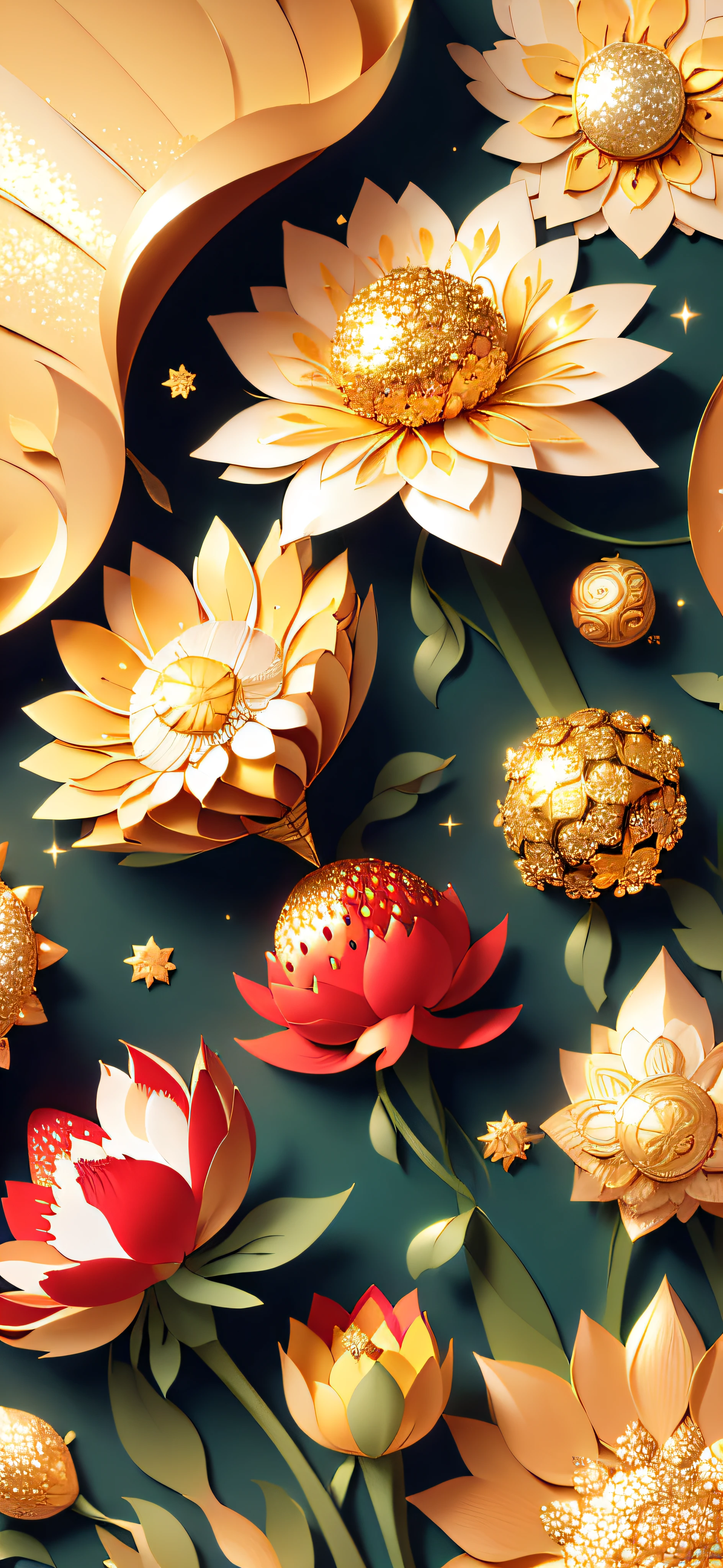 ((((Masterpiece))), Best quality, Illustrations, Beautiful details glow, Gold glitter, Paper_cut, morango, Strawberry flowers, Sun, Sunlight