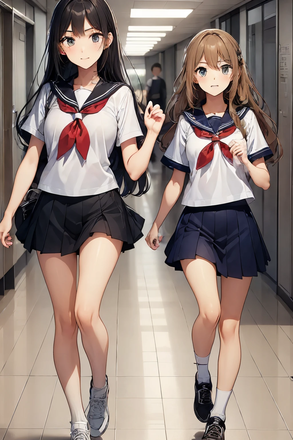 Two high school girls running、panicked look、school hallway