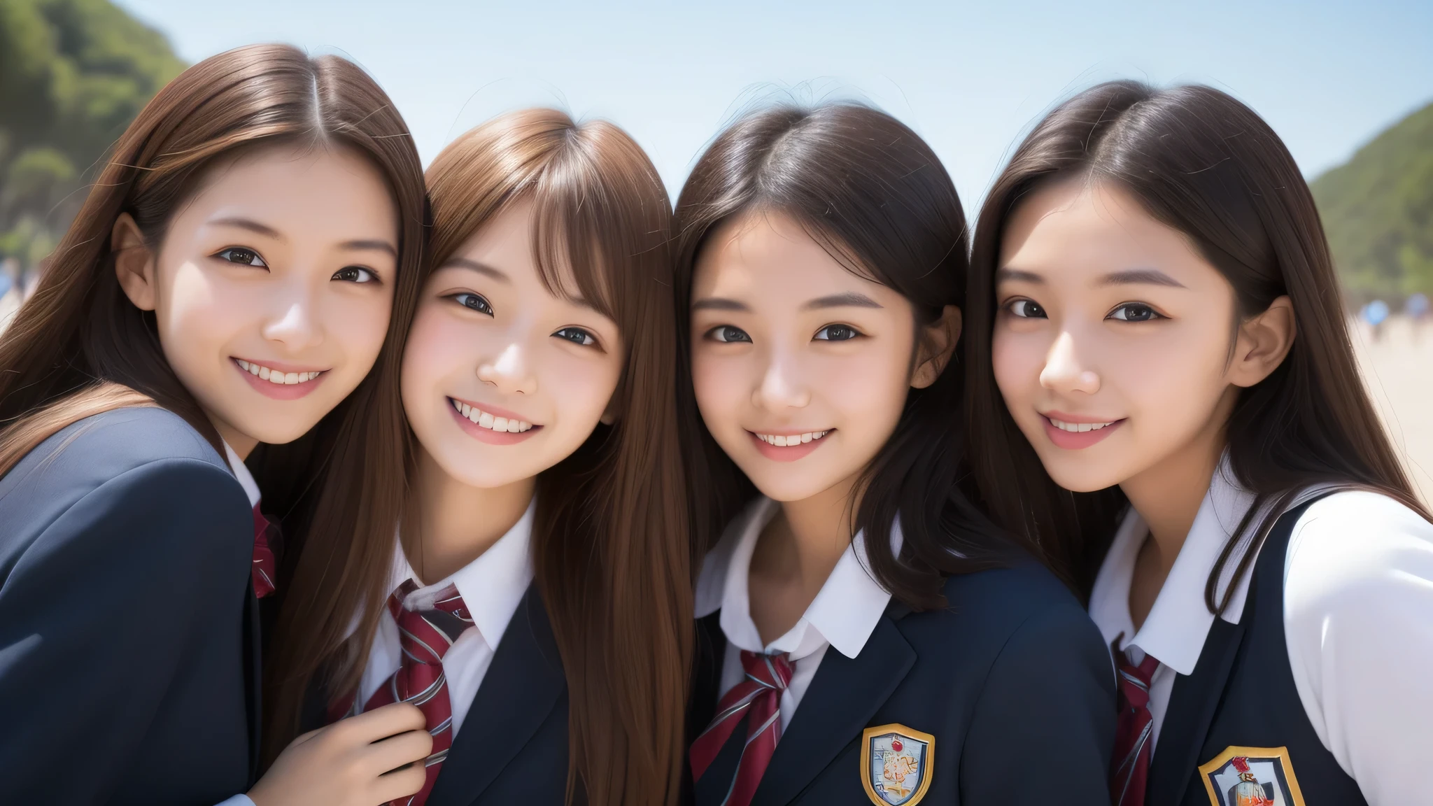 (1girl), (big smile), beautiful face, Amazing face and eyes, delicate, (Best Quality:1.4), (Ultra-detailed), (extremely detailed beautiful face), (princess hair cut style), cute smile, brown eyes, (highly detailed Beautiful face), (summer high school uniform:1.3), (extremely detailed CG unified 8k wallpaper), Highly detailed, High-definition raw color photos, Professional Photography, Realistic portrait, evening, Extremely high resolution, smiling, modern, trendy, fashionable, Group photo of high school girls, face close-up, (beach)