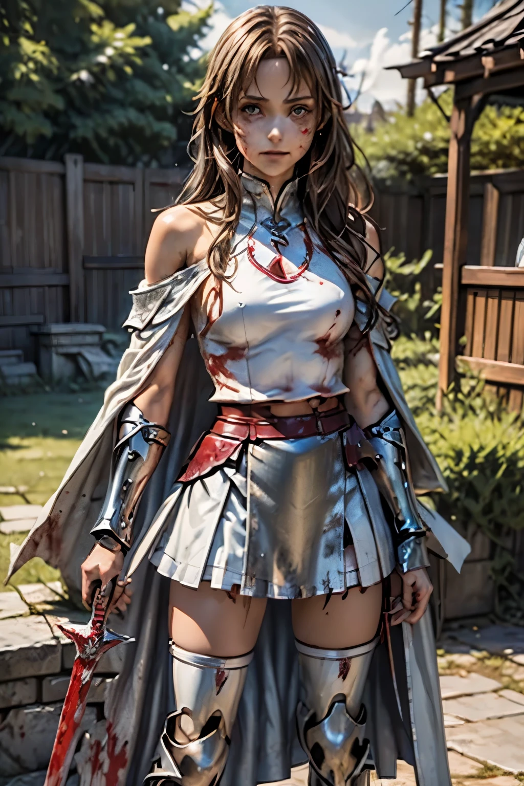 8k,(Asuna(sao): 1.6),one Girl, Solo,(perfect anatomy:1.43), (medium Hair:1.55) ,(Half Up:1.45),Bangs, Brown Eyes,Fine Eyes,(sad smile:1.3),white thighhighs,(Brown Hair:1.6),blood-soaked boots,(18 years old:1.5),Full Body,(fusion of bloody white silver full plate armor and blood-soaked long cape:1.63),(Bare Shoulders:1.5),(mini Skirt:1.26),(holding blood-soaked one rapier:1.43),(standing on moonlit night blood pool battlefield:1.52),Fantasy,(blood effect:1.53),pov,eye-level view,(drop shadow:1.21)