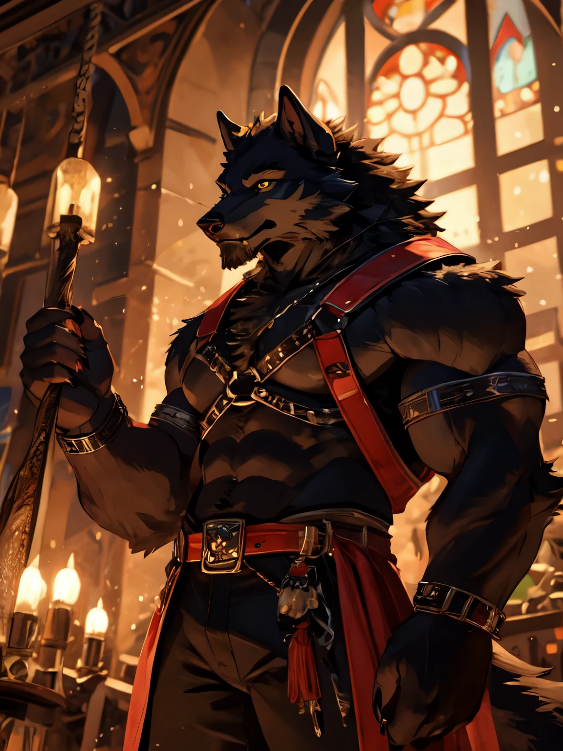 Werewolf with black fur and orange accents, a bitone configuration, highlighted by white chest fur. The figure boasts a black beard and piercing green eyes with realistic, detailed renditions. This anthro werewolf is posted on e621, showcasing a furry and muscular body, enhanced by correct anatomy and an impressive, photorealistic fur texture.
The werewolf dons a climbing harness, embodying a solo, adult, masculine figure in top form. His large, muscular physique stands proud, with claws prominently displayed on his hands. Dressed in green short pants, the werewolf sits atop a double-pur