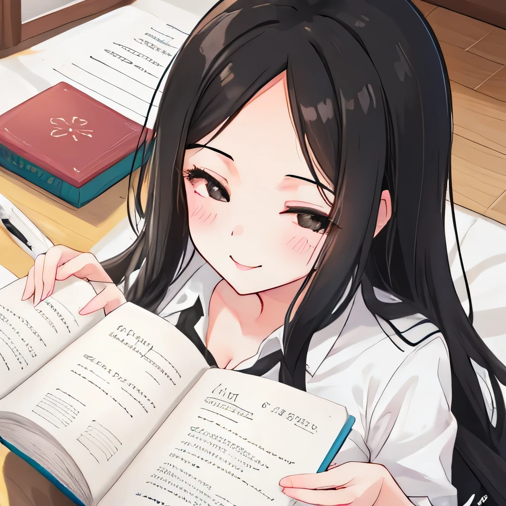 Girl, large forehead, black hair, smiling, black eyes, half-closed eyes, seductive, pencil, book, cheeky, sex, Doggystyle, dick inside, fucking while reading