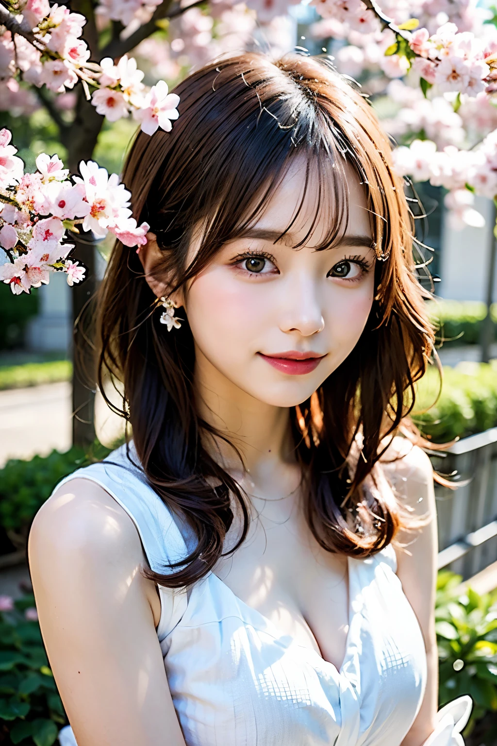 light pink hair, pink eyes, 30 years old、Married woman、pink and white, cherry blossom leaves, bright colors, white dress, paint splashes, simple background, ray tracing, wavy hair