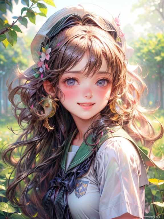 (best quality,4k,8k,highres,masterpiece:1.2),ultra-detailed,(realistic,photorealistic,photo-realistic:1.37), school girl, school sailor uniform, innocent expression, beautiful detailed eyes, cute smile, long curly hair, vibrant colors, sunny day, blooming flowers, green grass, happy atmosphere, lively background, joyful pose, youthful energy.