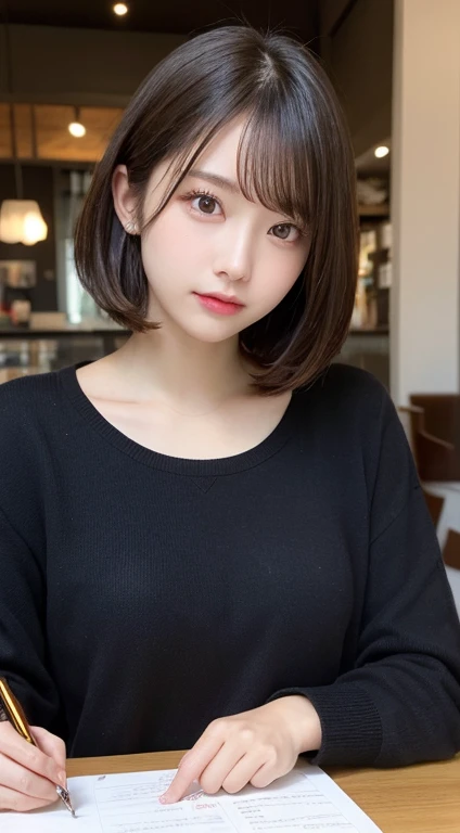 table top, highest quality, figure, Super detailed, finely, High resolution, 8k wallpaper, 完璧なダイナミックな構figure, detailed and beautiful eyes, (Studying in a cafe with a mechanical pencil and writing in a notebook),autumn ladies fashion,medium hair,small breasts natural color lip,,Harajuku、20 year old girl、cute、sexy shot looking at camera、autumn&#39;s、wood bright、Transparency、sad face、Color Sweep、bleach your hair、inner color、contrasting hair color、The surface of the hair is black、Bleaching the inside of the hair、beaver、hair curl、wet hair、oversized sweatshirt、short hair