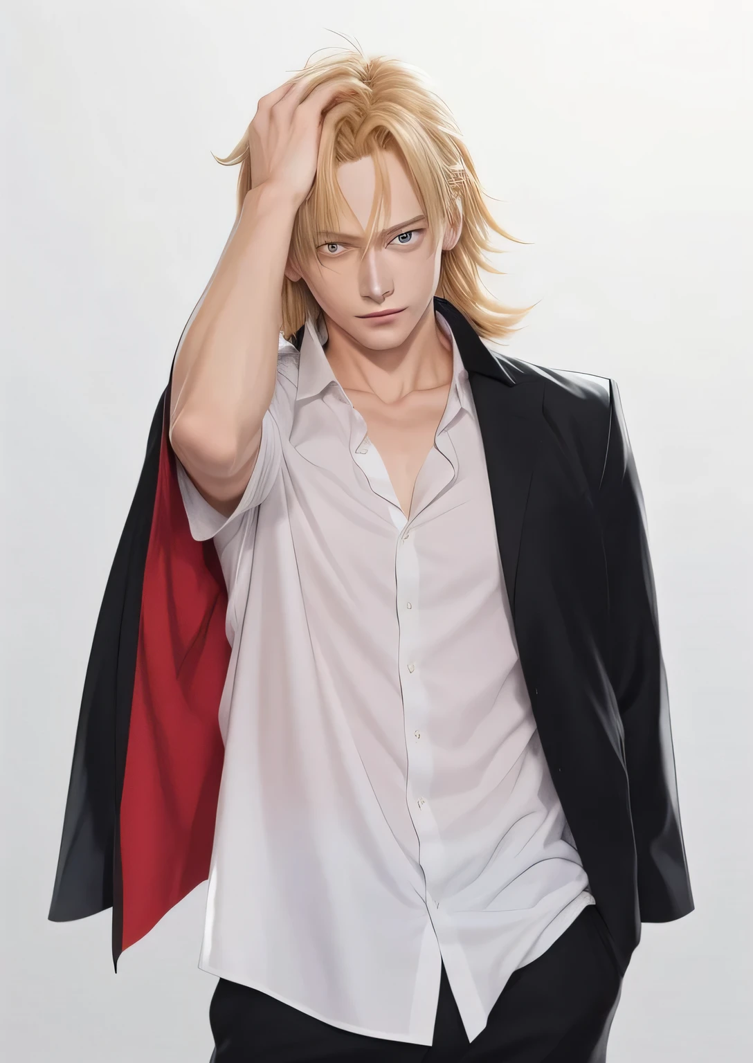 a man in a white shirt and black jacket holding her head, sanji, johan liebert mixed with alucard, handsome guy in demon slayer art, handsome anime pose, johan liebert, johan liebert mixed with dante, kentaro miura manga art style, dio brando, male anime character, furio tedesschi, official art