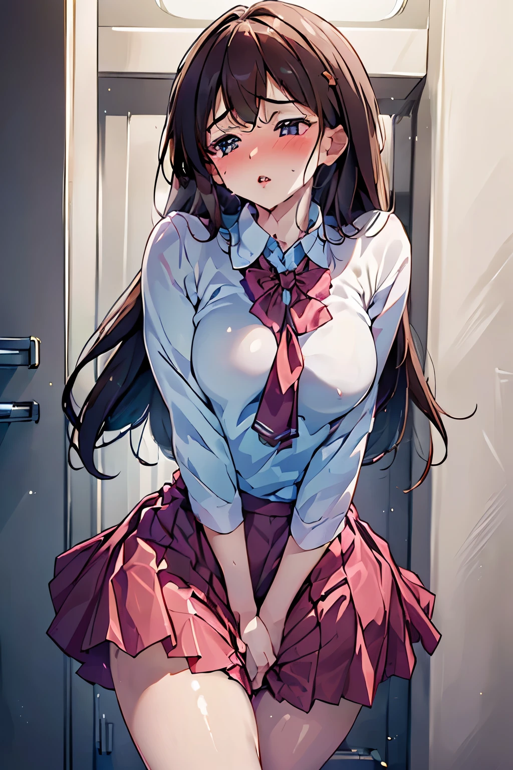 (ultra-detailed, best quality, anatomically perfect body), (medium, small breast:1.4), (parted lips:1.6), shiny skin, (1 girl), (have to pee, very desperate to pee:1.2), (waiting for restroom with line of girls in queue), (standing:1.3), (white school uniform:1.4), (long skirt:1.5), (flats:1.3), (knees together and feet apart:1.2), (Rub each other's thighs:1.5), (hand between legs:1.2), (leaning forward), (hold the pussy:1.7), (blush:1.5), (embarrassment:1.2), flowing sweat, (impatience:1.5), (breathless:1.4), (thin eyes, looking away:1.4), from below