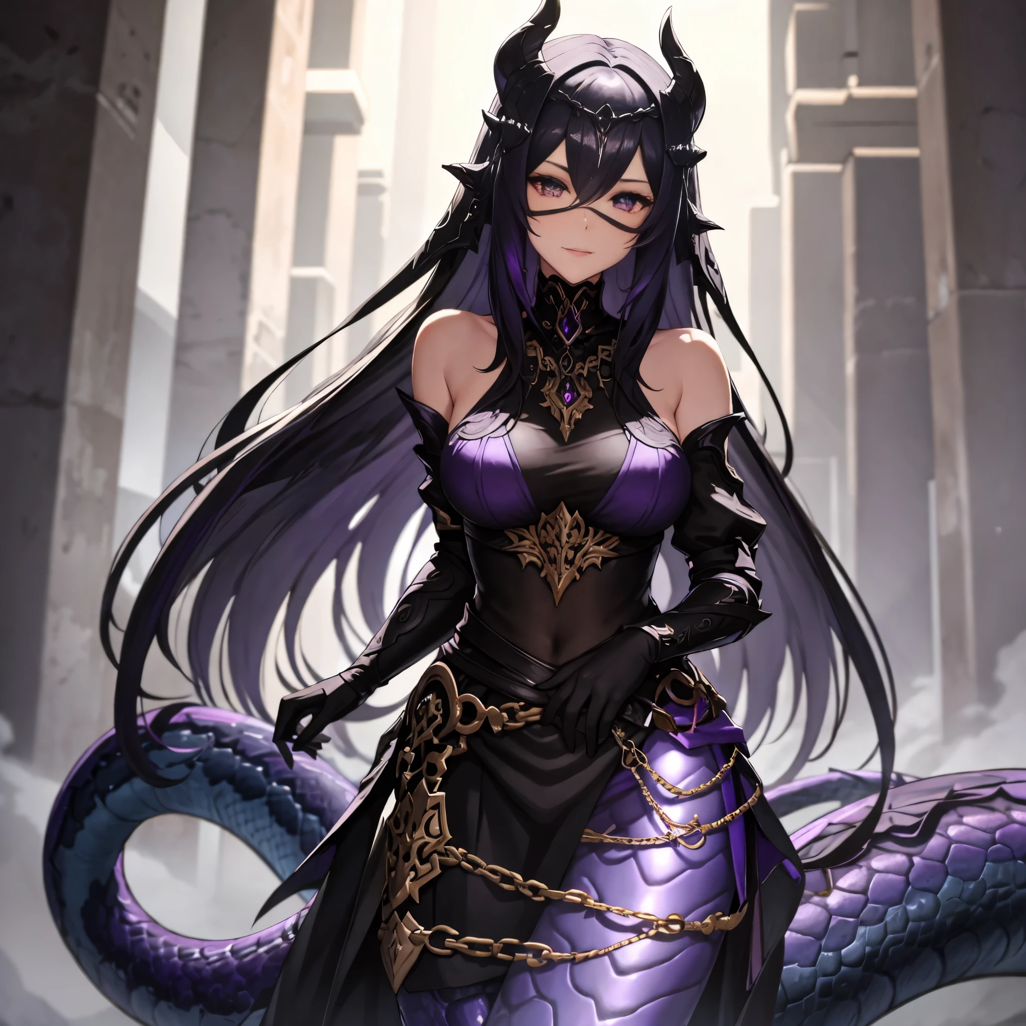 Lamia. metallic black and purple fashion. face veil. long gloves. eyes motif hair ornament. swamp. anime style. full body image.