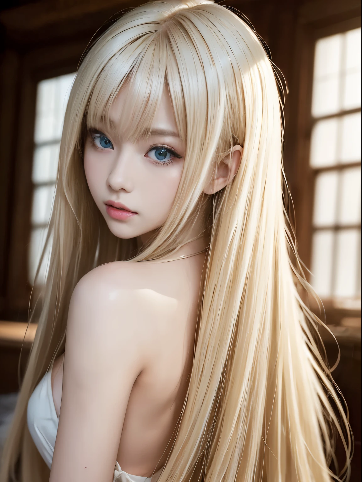 (masterpiece,super high quality,Super high quality,ultra high resolution,super realistic:1.5)、Sexy 23 years old、cute sexy little beautiful face、Her shiny hair dances in front of her pretty face、Long, silky bangs that cover the eyes、cute eyes、Hair that covers the face,super long hair、sexy cute young woman,golden ratio body、Long platinum blonde shiny straight hair、Looking back playfully、Long, fluttering platinum blonde hair、
