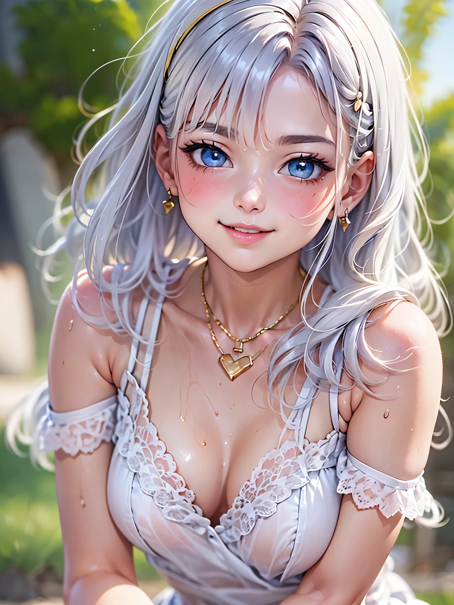 (masterpiece:1.3), (8K、photorealistic, Raw photo, best quality:1.4), (1 girl), (solo), (15 year old beautiful silver-haired Scandinavian girl), (Very beautiful and attractive woman, beautiful silver hair、intense blue eyes, strong eye highlights), (cute, little:1.5), (very beautiful face:1.5), (Beautiful face with perfect symmetry:1.2), (cute face:1.5), (wonderful smile:1.2), (perfect anatomy), (high detail skin: 1.2), (natural breasts), (beautiful thighs), (Intense blue eyes), (Beautiful silver hair bob cut), crossed bangs, asymmetrical bangs, lip gloss, (accurate arm, five fingers, accurate legs), (Detailed white dress, mini skirt:1.2), (The dress features white detailed lace., Decorated with silver embroidery), (Silver decorative headband, necklace), (Stylish high heels), Attractive, ultra high resolution, Super realistic, extremely detailed, golden ratio, Photorealistic anime girl rendering, Realistic anime 3D style, look at viewer, Summer coastal resort, Beautiful sea and flower background, ((beautiful smile)),