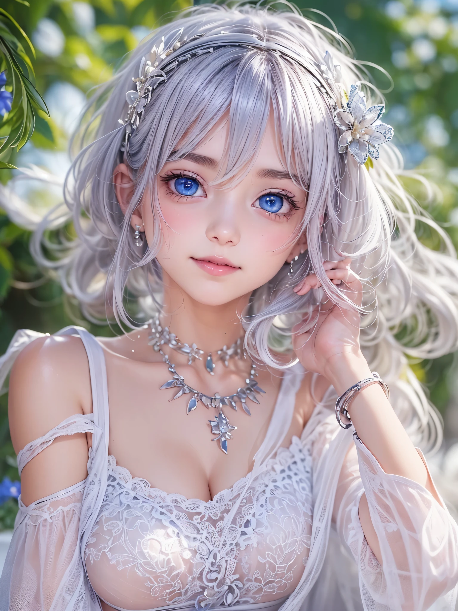 (masterpiece:1.3), (8K、photorealistic, Raw photo, best quality:1.4), (1 girl), (solo), (15 year old beautiful silver-haired Scandinavian girl), (Very beautiful and attractive woman, beautiful silver hair、intense blue eyes, strong eye highlights), (cute, little:1.5), (very beautiful face:1.5), (Beautiful face with perfect symmetry:1.2), (cute face:1.5), (wonderful smile:1.2), (perfect anatomy), (high detail skin: 1.2), (natural breasts), (beautiful thighs), (Intense blue eyes), (Beautiful silver hair bob cut), crossed bangs, asymmetrical bangs, lip gloss, (accurate arm, five fingers, accurate legs), (Detailed white dress, mini skirt:1.2), (The dress features white detailed lace., Decorated with silver embroidery), (Silver decorative headband, necklace), (Stylish high heels), Attractive, ultra high resolution, Super realistic, extremely detailed, golden ratio, Photorealistic anime girl rendering, Realistic anime 3D style, look at viewer, Summer coastal resort, Beautiful sea and flower background, ((beautiful smile)),