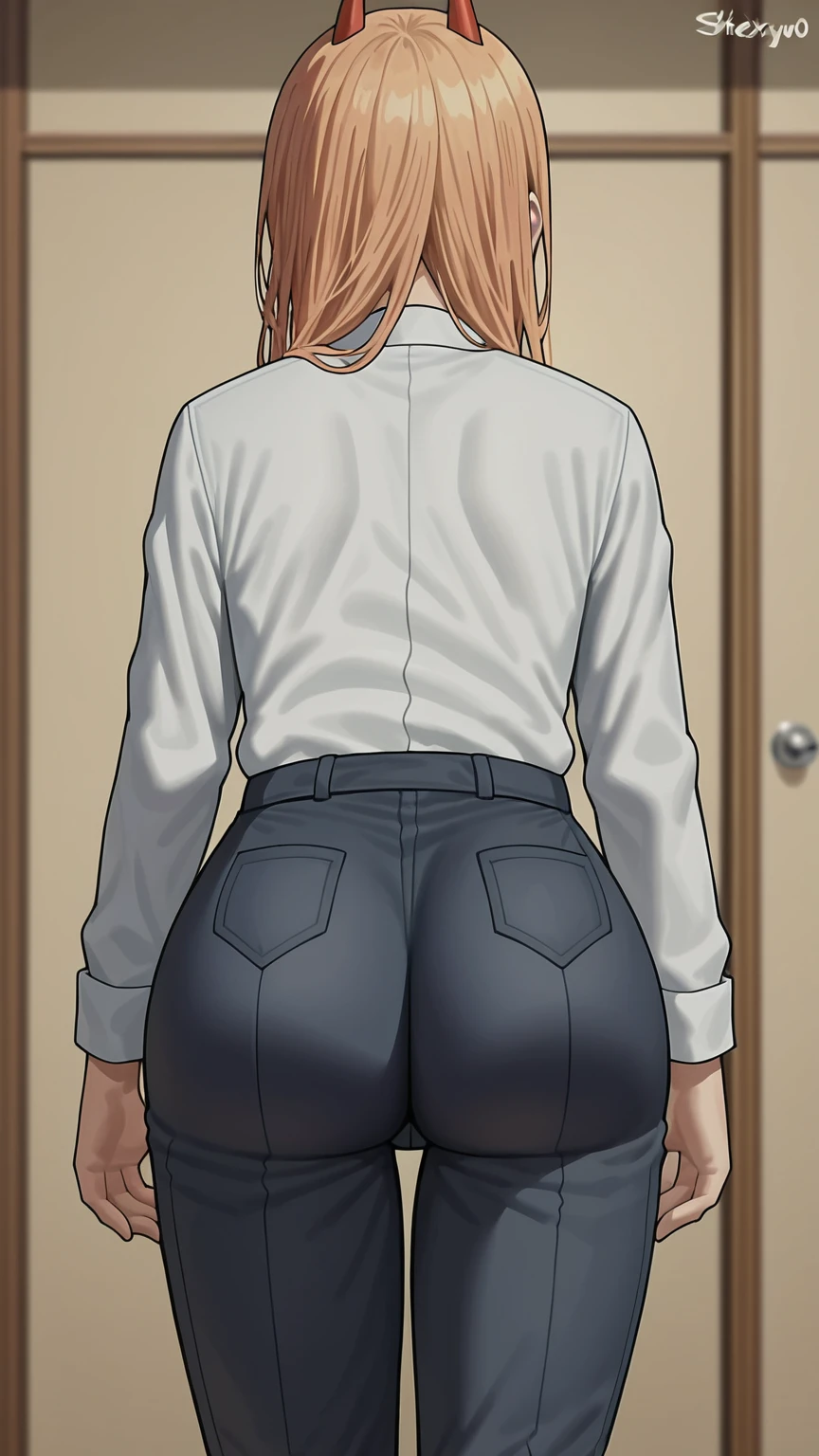 source_anime,score_9,score_8_up,screencap, anime screencap, BREAK, power \(chainsaw man\), chainsaw man, demon horns, sharp teeth, collared shirt, white shirt, facing away, black pants, ass, from behind, tight ass, tight clothes, shexyo