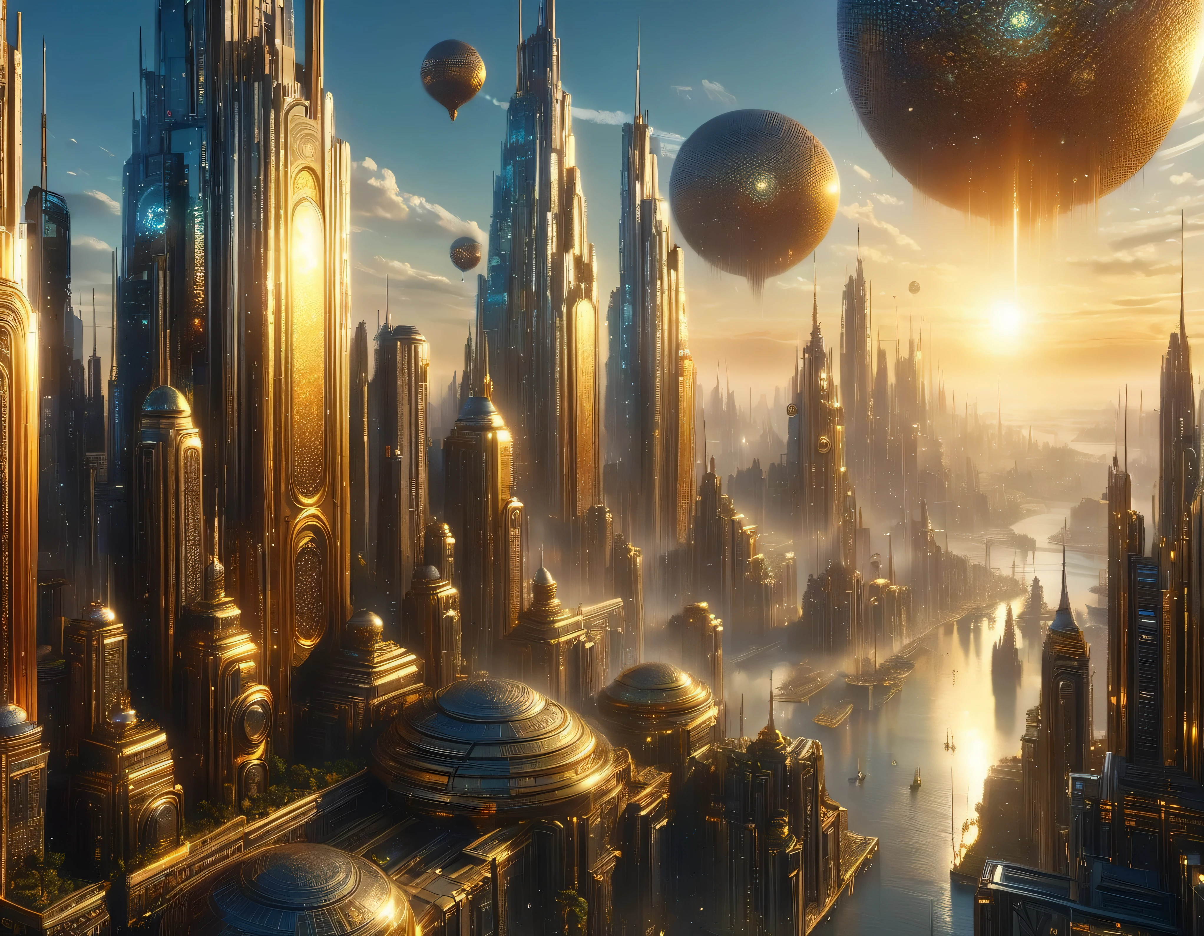 (golden hour lighting), megacity, megalopolis of an imaginary world of science fiction , parecido a una disneylandia futurista, and maximum fantasy, con inmensos edificios y rascacielos ovalados y dodecaedricos agrupados de metal y cristal donde predomina el diamante y los anuncios luminosos de colores. imagen bien definida 8k, (intrincados detalles de la maquina), con muchos edificios juntos.(obra maestra de superior calidad).(imagen fotorrealista), nitidez absoluta hasta el fondo