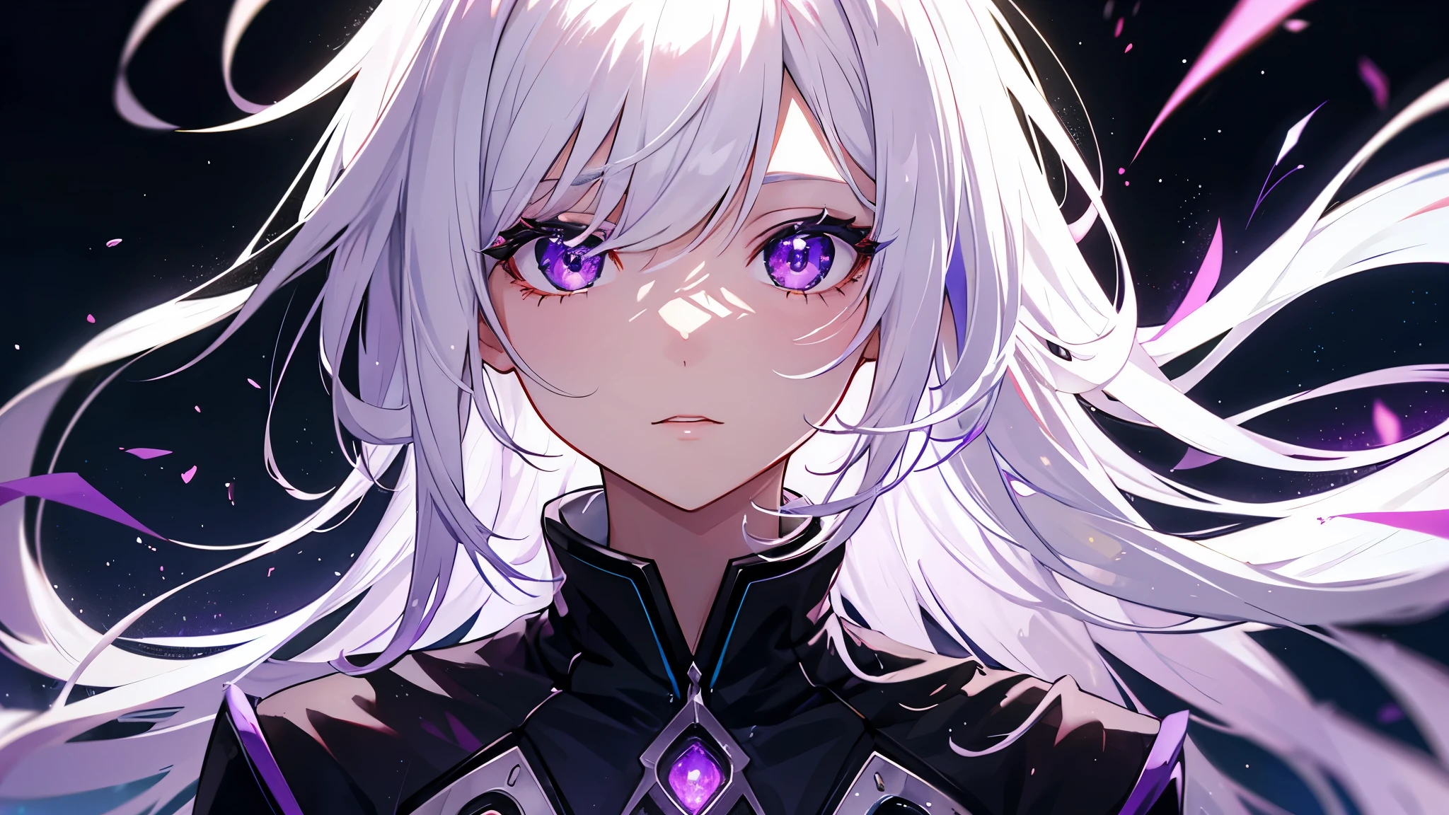 1 girl, white hair, multi-colored hair, Purple eyes, side lighting, light particles, wallpaper,