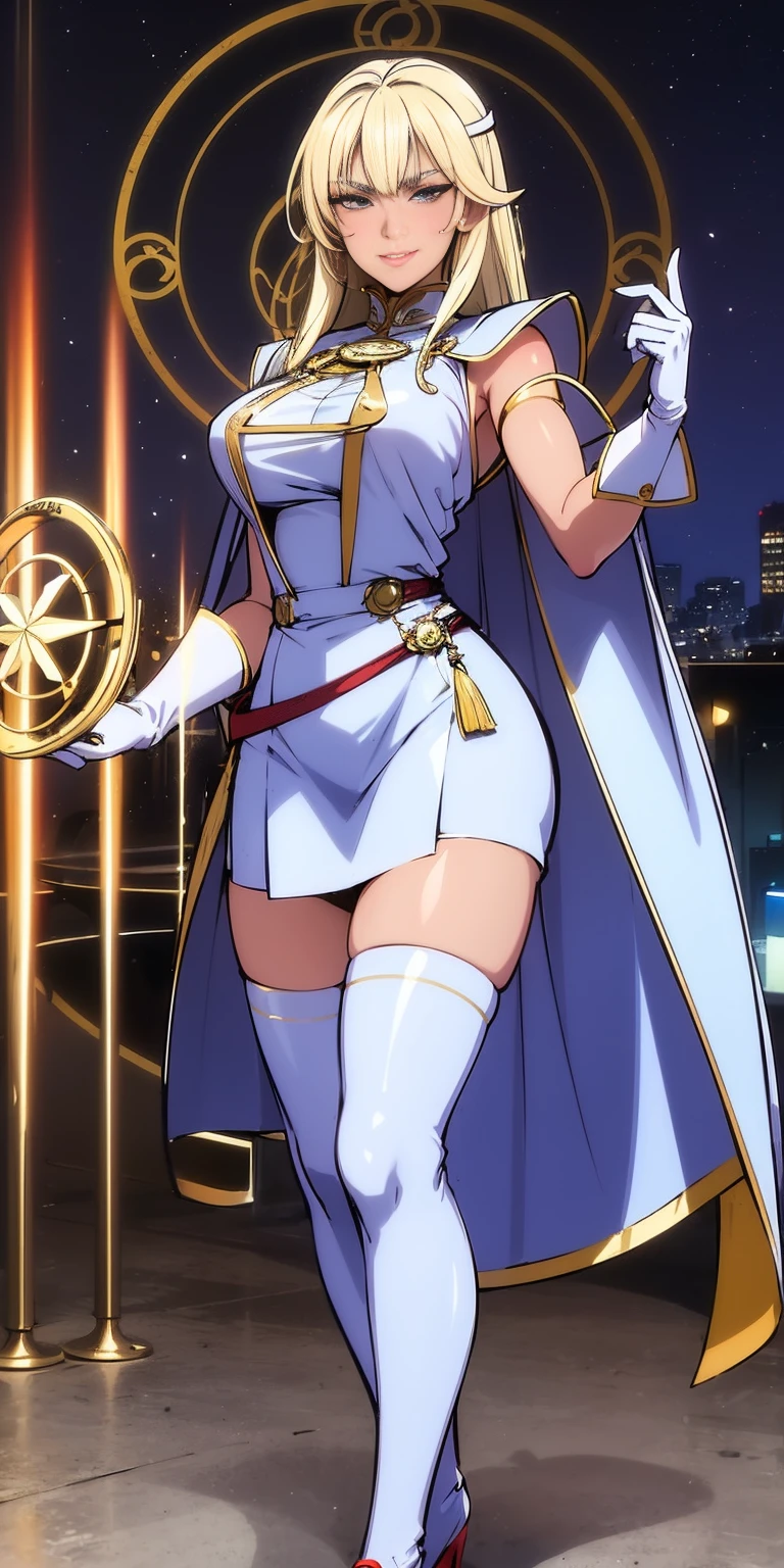 (8k, RAW photo, best quality, masterpiece, pixiv: 1.2),
(1milf, mage, magical girl, awe, brainwashed, blush, dark smile, standing: 1.2),
breast, thigh, heart-shaped pupils,
(blonde hair, shiny hair, drill hair, hair between eyes, blunt bangs: 1.2),
(blue princess dress, long skirt, puff sleeve, blue cape, white long gloves, big ribbon, tiala, white thigh high thights, pumps, jewely: 1.2), ((metalic satin)),
midtown, night, shibuya, shinjuku, tokyo, japan, ruanyi0263, lace, edgHauteCouture, magic circle,