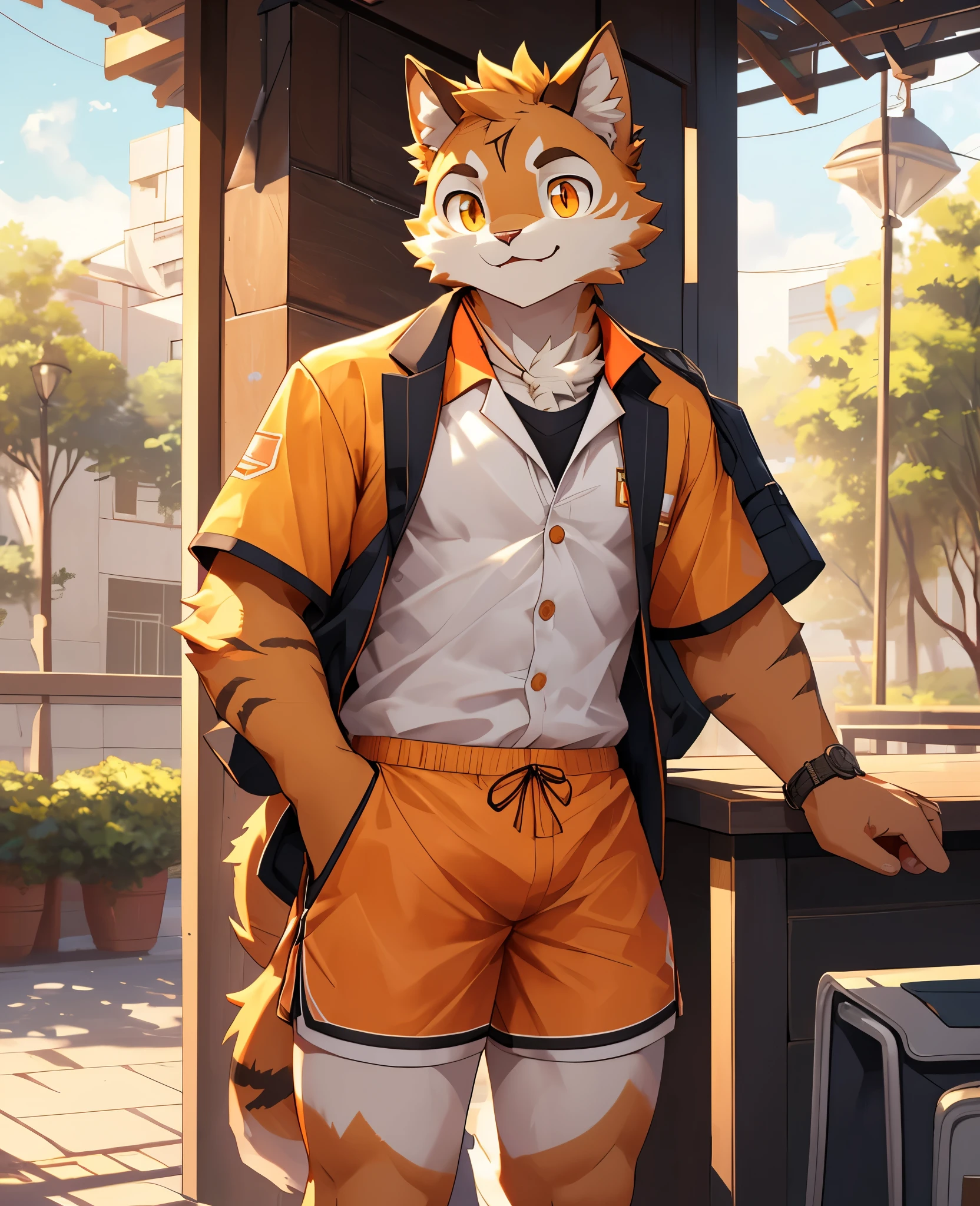 (masterpiece)，(Very detailed)，(best quality)，hairy，Cat，orange fur，Vivid eyes，golden pupils，cute style，Sunny and cheerful，(Short-sleeved shorts casual suit)，((funny expression))，8K，(high quality)，(ultra high definition)，(super detailed)(university student)