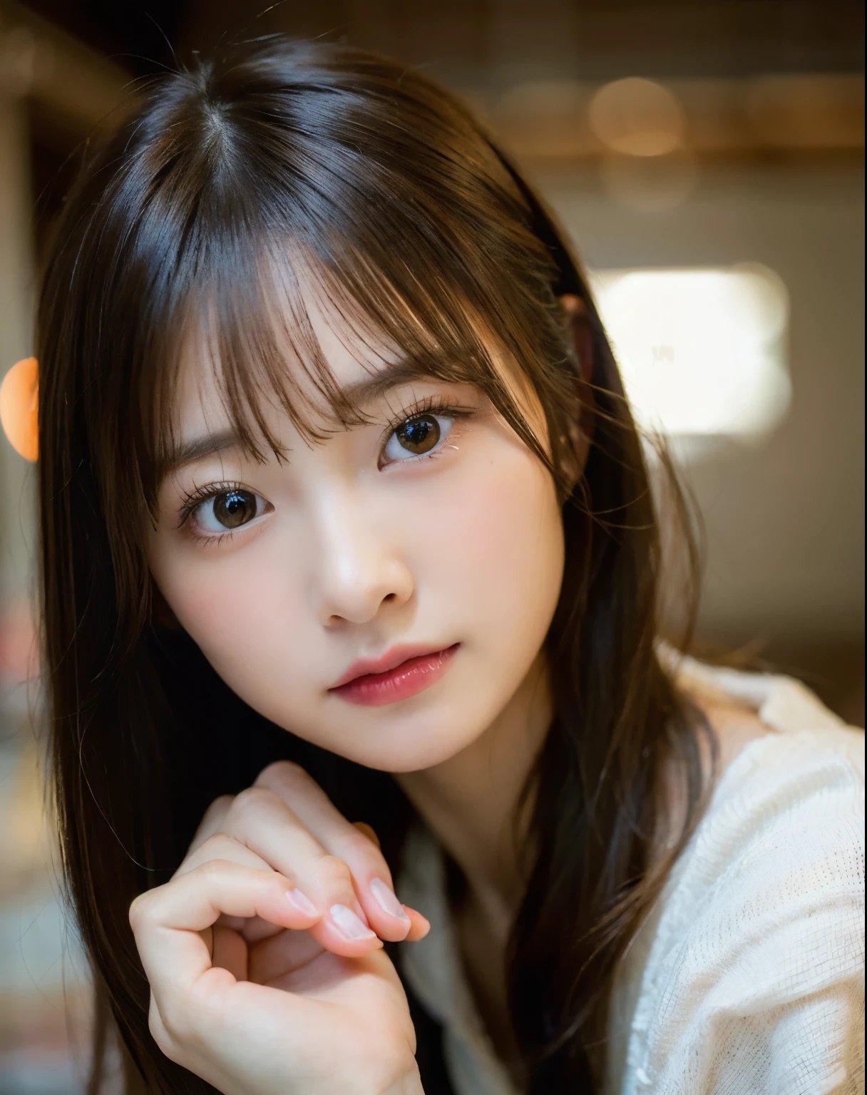 highest quality, face focus, soft light, ultra high resolution, (realistic:1.4), Raw photo,
1 japanese girl, alone, cute, (pupil, light in the eyes),  detailed beautiful face, (small box),(High resolution details of human skin texture),
(long hair),
indoor,
damask shirt dress,
(portrait)