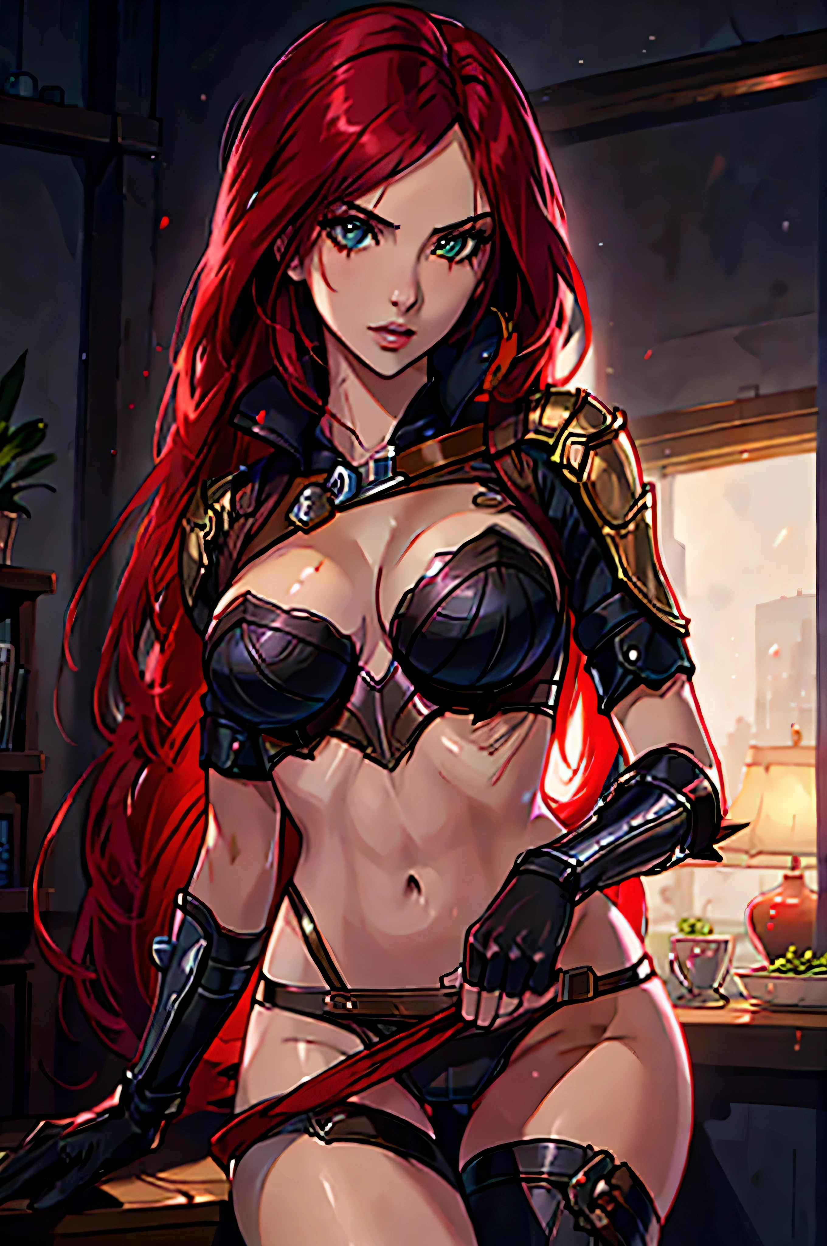 (best quality, realistic, detailed) Katarina wearing bra and panty, red long hair, slim, smooth lighting