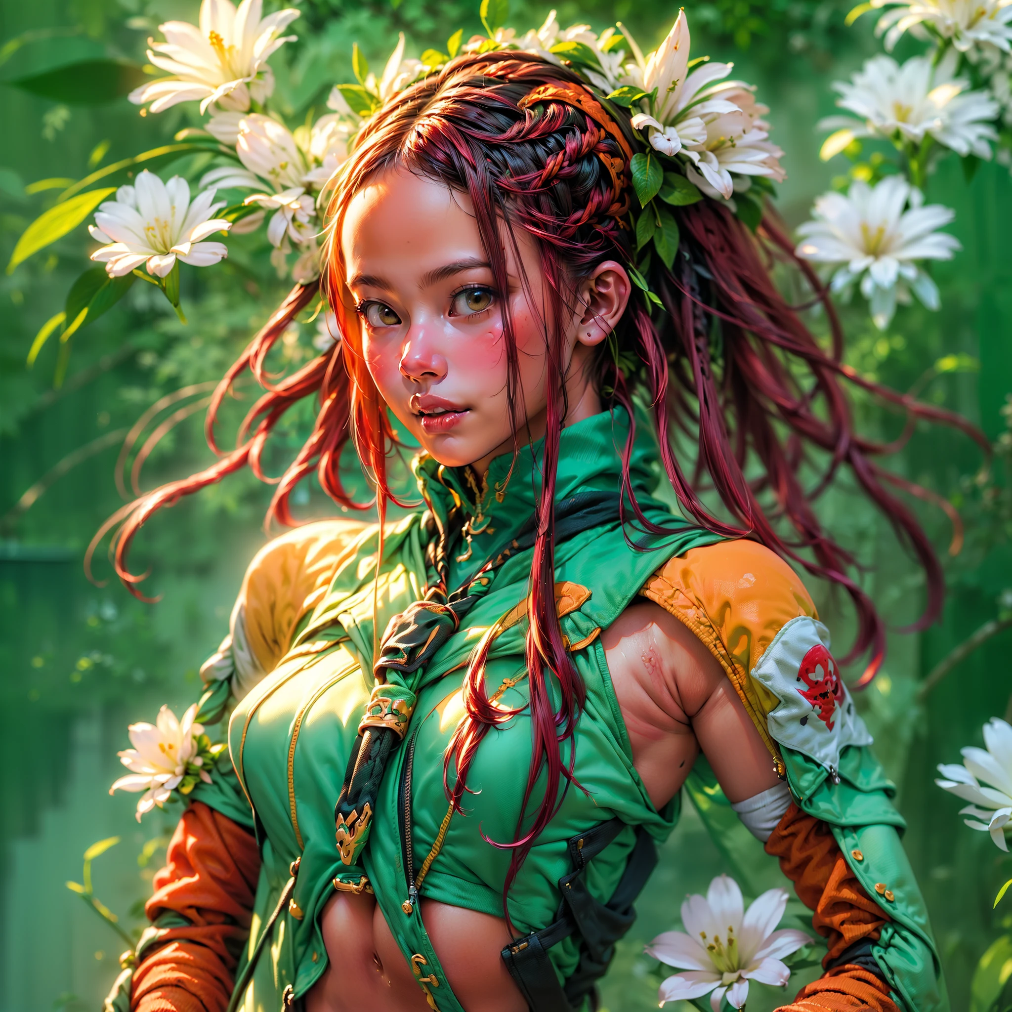 ((Create one girl 16+ years old.), (realistic), (masterpiece, Best quality), (1 elf), (1 girl), (sexy), (One, bangs, red dyed hair) (White armor cyber skulls), (long black tights with gloves)).((close-up), (standing at full height), (mysterious))_((Girl), (green:1.5, orange:1.1, white: 1.3, yellow:1.3))_((very sexy girl with dreadlocks), (tattoos), (naked parts of the body), (down jacket: 1.2), (jacket on a naked body, T-shirt, thong)) __))_( (Beautiful figure, half-turn 16+ years),(realistic)),((small peach breasts, graceful figure, narrow waist, smooth hips)),((long double braids),(tight braids),(braided hair), (dark hair) ),((red lips)), ((smile)))_ ((((Shiny skin:1.5, white skin, light skin: 1.5)),((sexy), (cute ))_((fractals, Flowers, leaves, fog, lilies, circles background))_((Chiaroscuro, contrast, warm-cold), (atmosphere visualization), (best quality), (Virtual realism))_))) _(((Digital painting, anime style, cyberpunk), (best quality, 4k, high resolution, masterpiece: 1.2)),((ultra-detailed)),((realistic, photorealistic, photorealistic: 1.37)))_(( ( Soft clear shapes, broad strokes, attention to detail)))_(((High quality, 16K | Ultra HD | Full HD))).