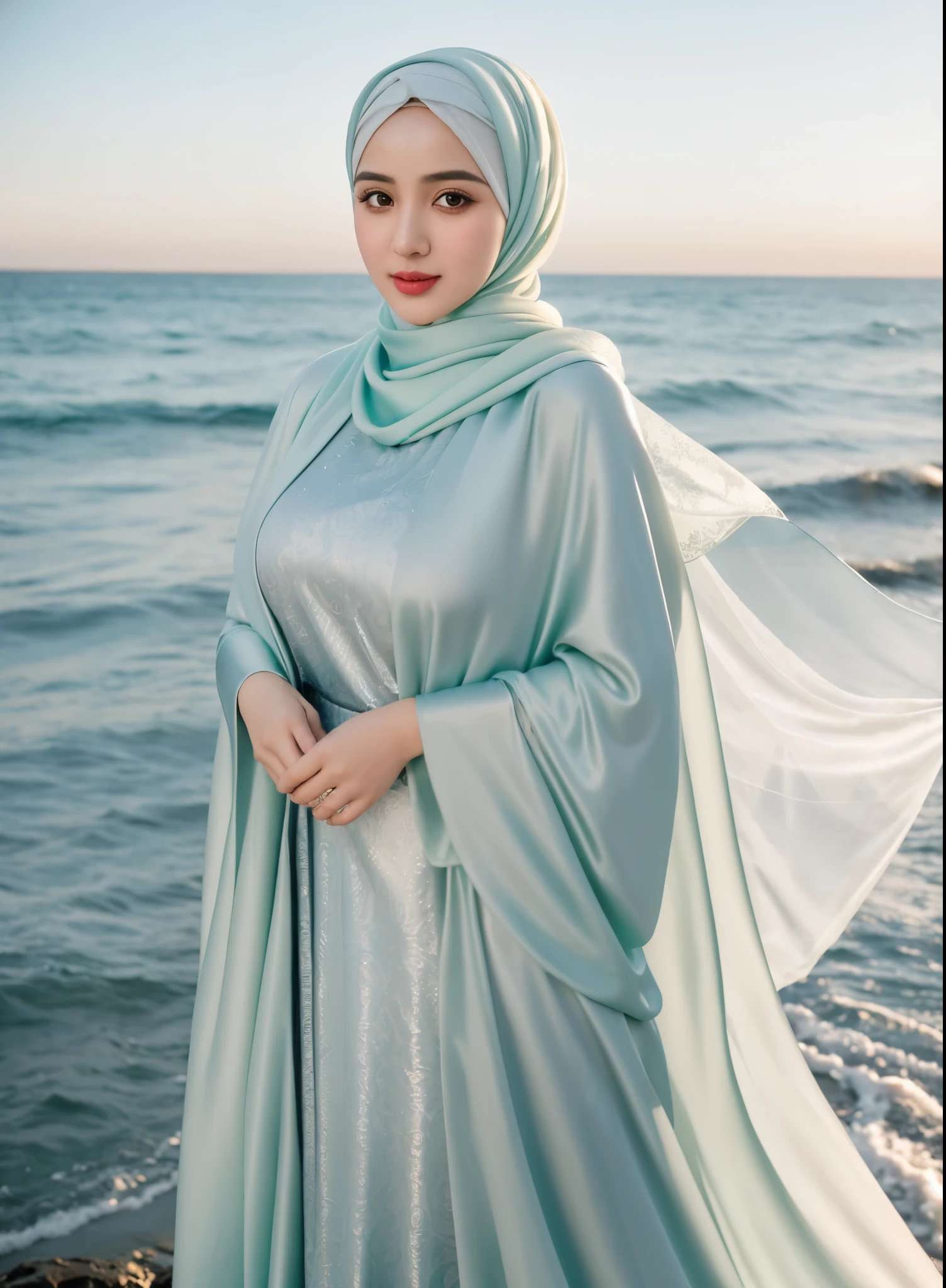 RAW photo of a 24 year old girl wearing hijab, satin abaya sexy sea foam   , satin, hijab face portrait,((tp background)), 8k uhd, dslr, soft lighting, high quality, film grain, Fujifilm XT3, covered dress, patterned dress, gigantic breasts:1.5, 