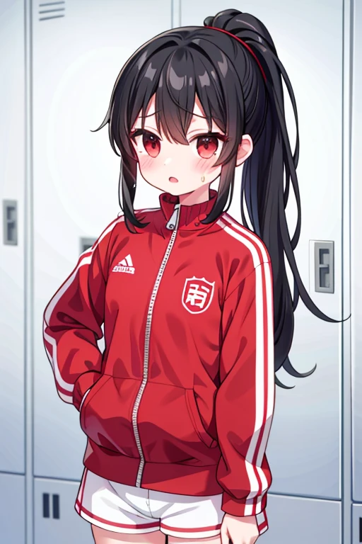 girl、、black hair、ponytail、Red zipper jersey、white shorts、Sweat、sigh、face is red、locker room、drool