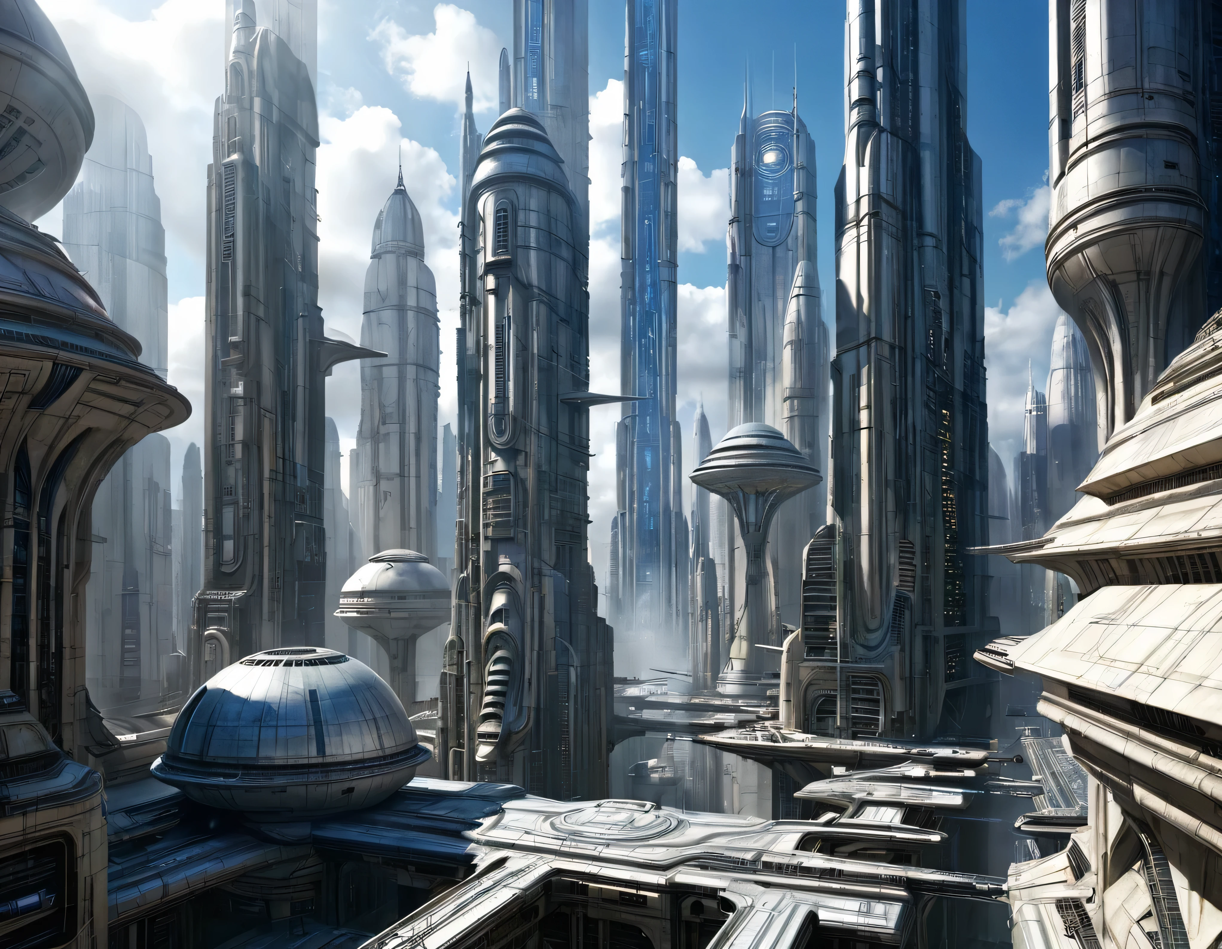 (The city of Coruscant from Star Wars as designed by Doug Chiang), futuristic fantasy megalopolis with immense buildings ovalados y dodecaedricos of technological design (que forman una avenida infinita), non-blurred compact buildings with metallic appearance, donde predominan el oro y la plata, luces en ventanas en edificios, daylight lighting with sun, con estructuras acristaladas espectaculares, (con colores vivos). pavimento ensolado (sin brillo). gente paseando. imagen bien definida con muchos edificios juntos. sharp well defined 8k image. los edificios llegan alta el fondo.,8k. cinematographic image. ((obra maestra de superior calidad)). (renderizado 3D). fondo nitido