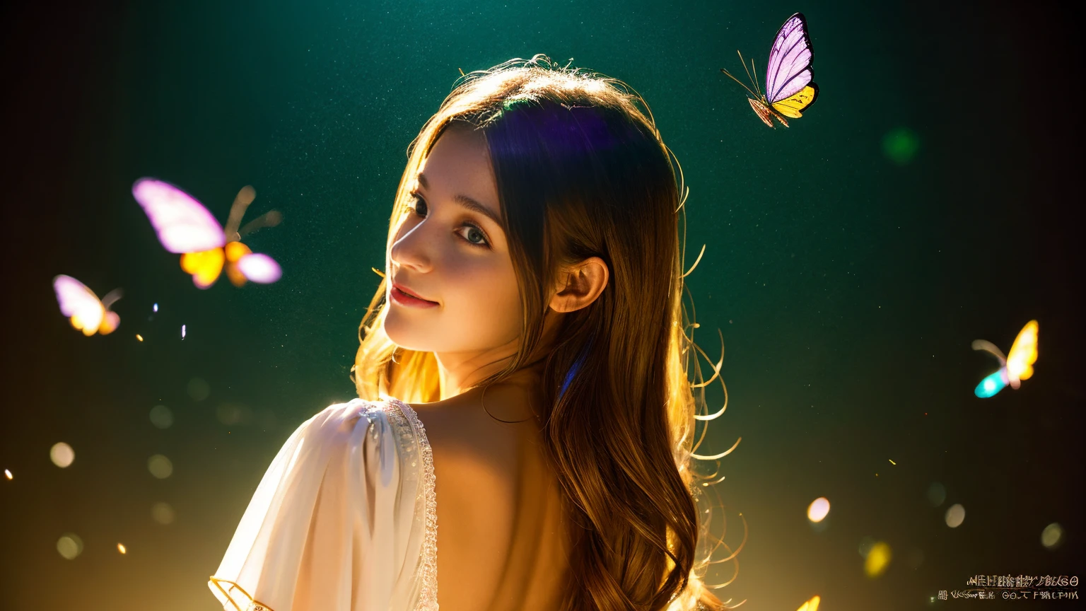 1 girl, masterpiece, very detailed, ((cinematic lighting)), (shine), ((dramatic lighting)), ((beautiful delicate shine)), intricate details, Lens flare, colorful hair, rainbow hair, long hair, colorful dresses, butterflyの髪飾り, butterfly, (particles of light), turn your arms behind your back, big breasts, [crooked], cowboy shot, light smile, green eyes, church, Stained glass, Spotlight, dark background, floating hair, floating hair, looking at the viewer,((colorful))