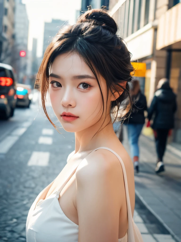 upper body, at street, 1 girl, half updo, squinting, sad, masterpiece, best quality, 8k, editorial photograph, felix englund style, SIGMA 50mm f1.4, shallow depth of field