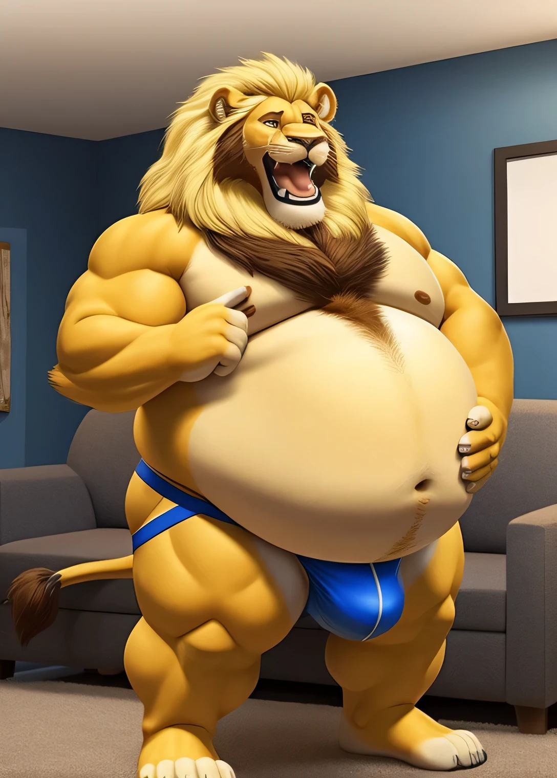 Lion, male, adult, blond mane, brown beard all over the jaw, very obese, very big belly, very fat round belly, tight jockstrap, living room, burping, hamburger