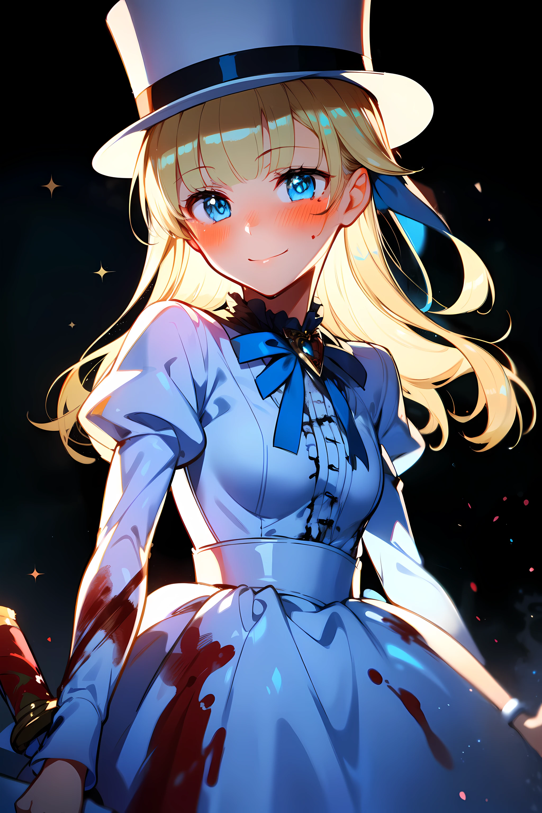 (1girl, solo), blonde hair, side ponytail, (blue eyes:1.5), long hair, (small breast:1.2), (hair ribbon, juliet sleeves, long sleeves, puffy sleeves, white dress:1.5, frills, top hat, black top hat, hat, hat flower,) looking at viewer, shaded face, smile, blush, blood, blood on arm, blood on face, blood on clothes, blood on hands, holding knife, knife, indoorasterpiece:1.2), best quality, high resolution, unity 8k wallpaper, (illustration:1.5), anime style, (beautiful detailed eyes:1.6), extremely detailed face, perfect lighting, extremely detailed CG, (perfect hands, perfect anatomy), (dynamic pose, dynamic angle:1.1), nadja, red heart brooch, jewelry,