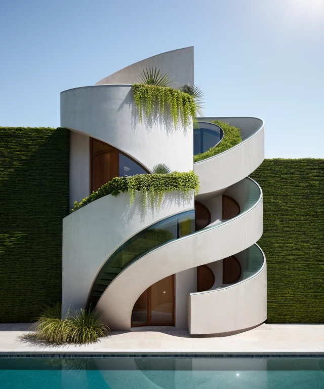 exterior house, pink color, glass, plant, curve house, curve wall, spiral staire, plant around the building,(best quality,ultra-detailed,realistic:1.37),modern luxury house with multiple spacious glass windows,exterior view,large garden,expansive pool,contemporary architecture,abundance of natural light,sleek design,open concept,high ceilings,panoramic view,expansive landscape,reflection in the pool,vibrant colors ((realistic photo)), RAW photo, sunlight, day light, sky, corona render, sharper photo, details texture, details plant, (masterpiece, top quality, best quality, official art, beautiful and aesthetic:1.2),(8k, best quality, masterpiece:1.2),CGgameC4D bsw, no humans, C4D, garden in front of the building
