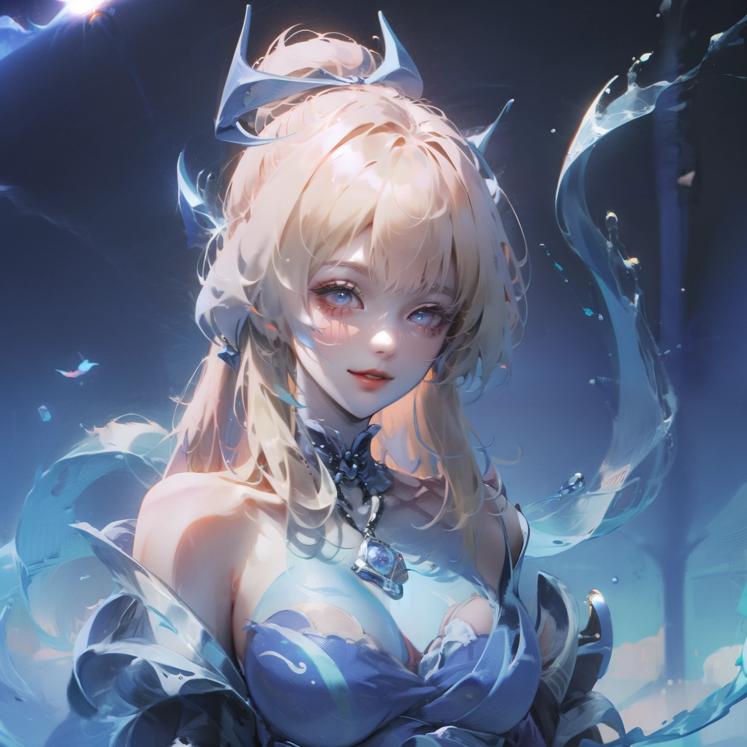 best quality, masterpiece, high resolution, 1 girl, White chiffon flared short dress, Smile, Keep your mouth shut,lips, Blonde with long hair, Detailed beautiful eyes,Delicate eyelashes, pretty face,above_Body, Tyndall effect,lifelike, edge lighting, two color lights,(High detail skin:1.2), 8K uhd, DSLR camera, soft light, high quality, Volumetric lighting, frank, photo, High resolution, 4K, 8K, Bokeh, in the middle of the city, afternoon
