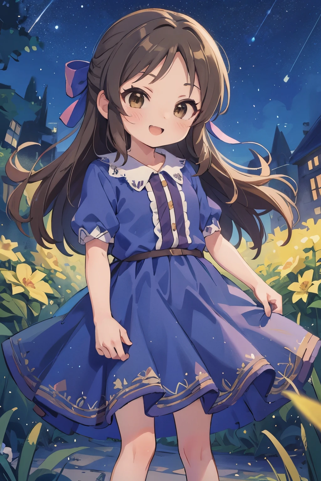 masterpiece,highest quality,1 girl,alone,Tachibana Arisu,brown eyes,brown hair,half up hair,collared dress,hair ribbon,short sleeve,A big smile,under the starry sky