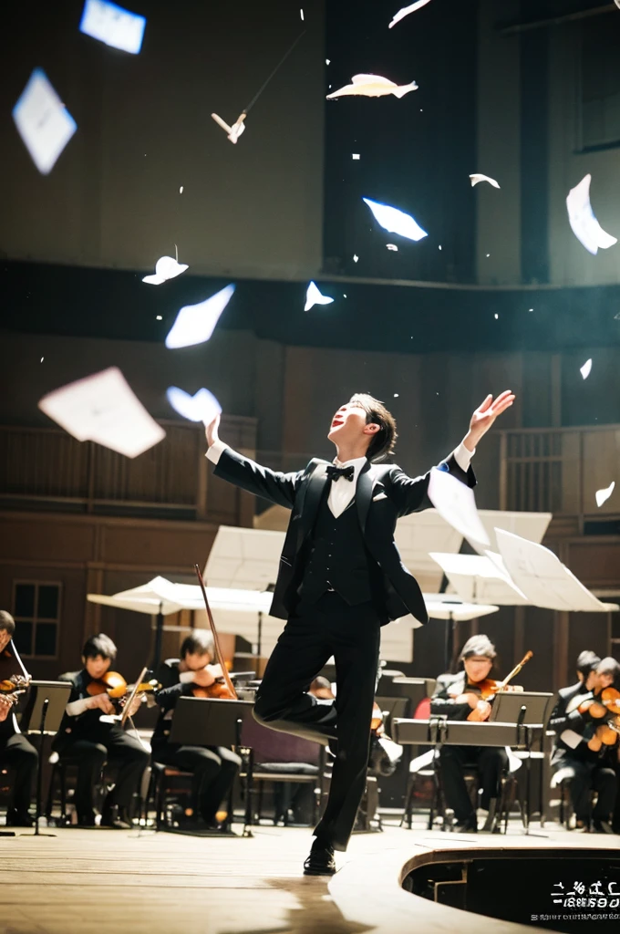 commander、player、Music notes flying in the air、fun、commanderが後ろを向いている、Orchestra-like ensemble、Images for the free BGM site