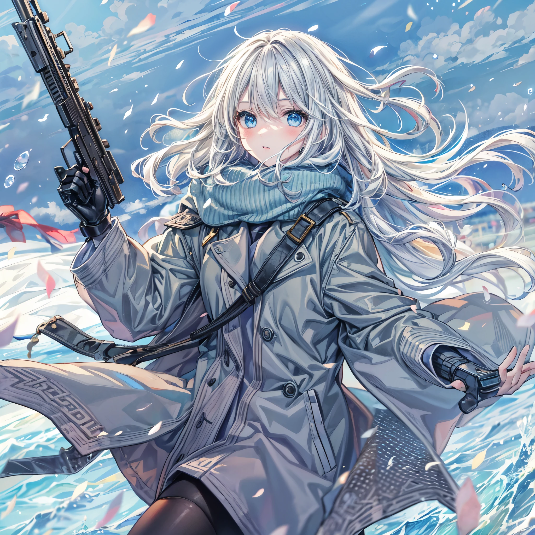 (masterpiece, best quality), 1 girl, teen, slim body, long white hair, blue eyes, wearing a grey long coat, having a rifle, running on the field in winter