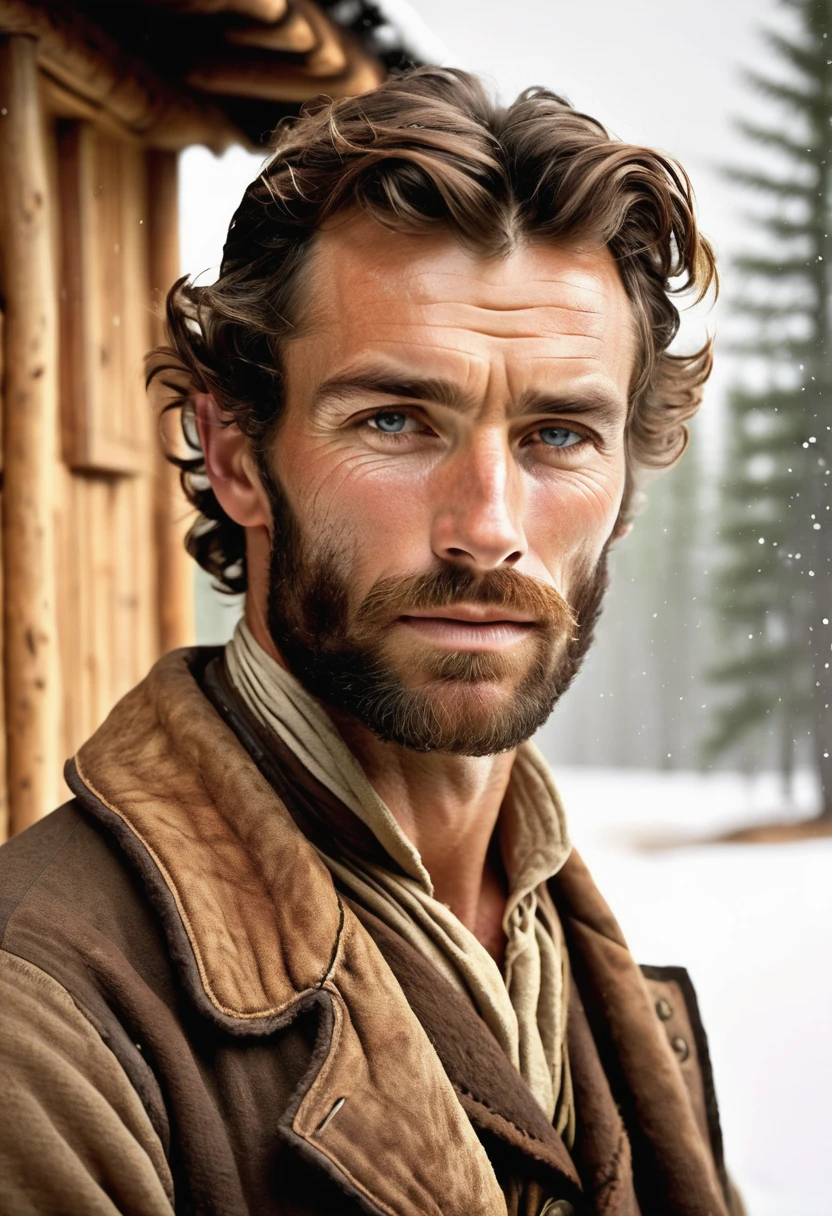 (highly detailed, soft light, photorealistic, dynamic light; cinematic); victorian era; 1820s; 37 years old man; German; 1820s gentleman; leadership figure; strikingly handsome; confident and intensely alluring; wild man aesthetic; defined cheekbones; defined strong jawline; longer chin; handsome face; strapping; tough but romantically interested expression; masculine face with several scars; charismatic; grizzled; sensual; strong aristocratic nose; manly passionate air; very attractive; burly broad stature; broad strong shoulders; ruddy weathered skin; long stubble beard; natural light-blue eyes; thick strong chestnut-brown eyebrows; carefully-shaped 1820s sideburns; 1820s old thick brown coat; short straight chestnut-brown hair in 1820's hairstyle; full firm masculine lips; standing in a cosy log cabin during a snowy day in 1820's Canada; looking at camera