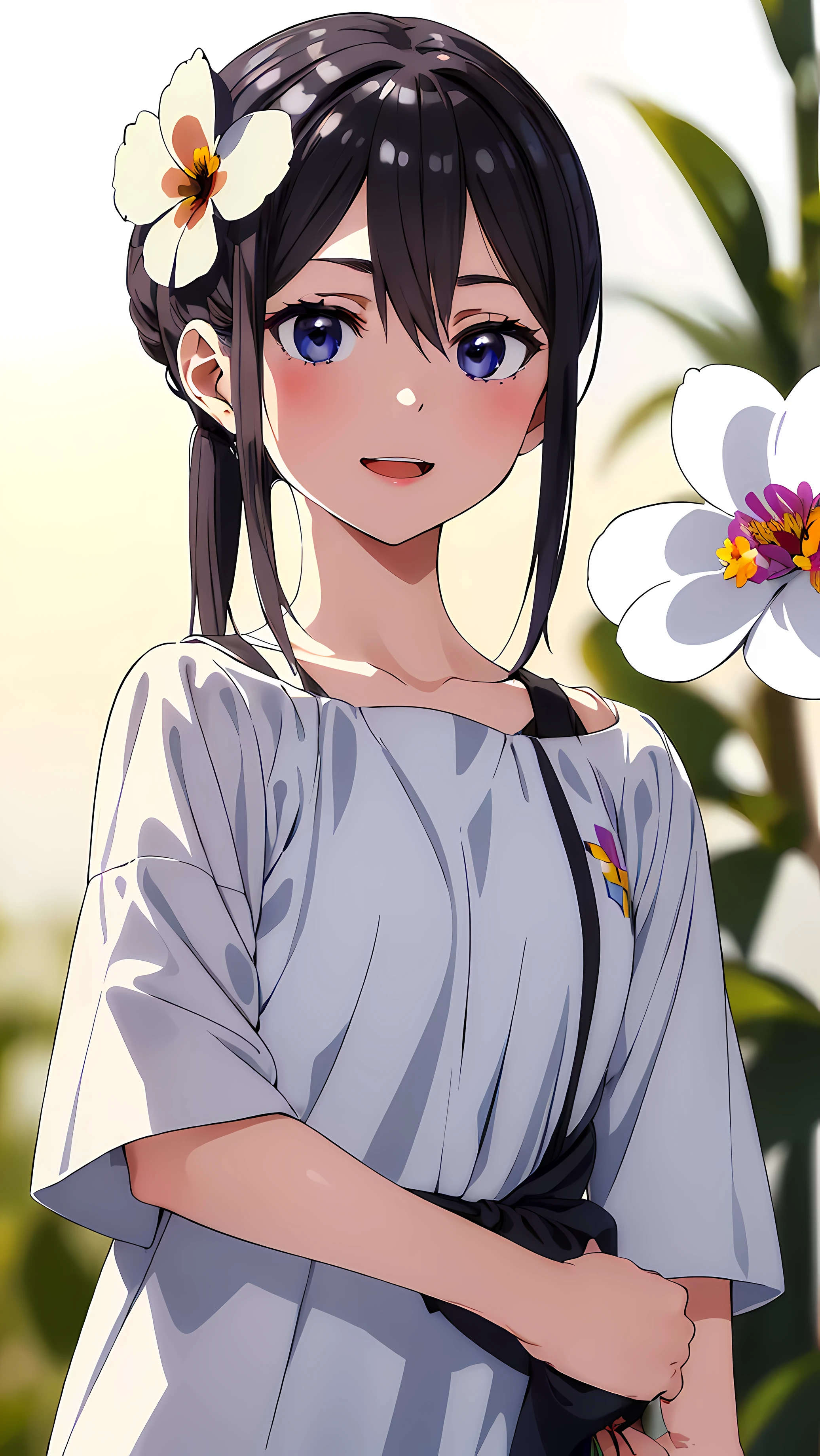 ((masterpiece)) (best quality) beautiful detailed eyes) (ultra-detailed) (finely detailed) 2d, beautiful 2d art, , masterpiece, absurdres, rena hananoi, sports, 1girl,  smile open mouth (holding a flower viewing it to the viewer: 1.5) (upper body: 1.5) 