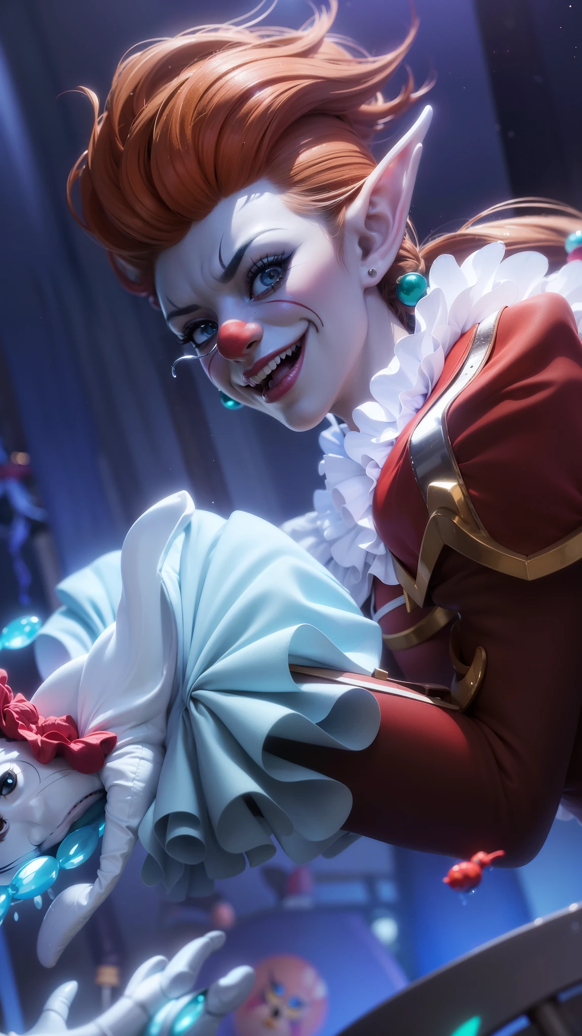 a close up of a clown with a clown makeup on, cutecore clowncore, orianna, official splash art, shaco from league of legends, splash art, kda, iconic character splash art, artgerm detailed, league of legends splashart, league of legends splash art, portrait death clown, portrait of a joker, character splash art, 8k, ultra hd, ultra detailed texture, hyper realistic, masterpiece, detailed texture, detailed face, detailed skin, detailed lighting, (photorealistic:1.5), best quality, beautiful lighting, cinematic lighting, professional lighting, ultra highres, realistic, detailed hair, real hair, high quality, (realskin:1.5), extremely detailed, finely detail, ultra-detailed, elf ear, hand holding candy.