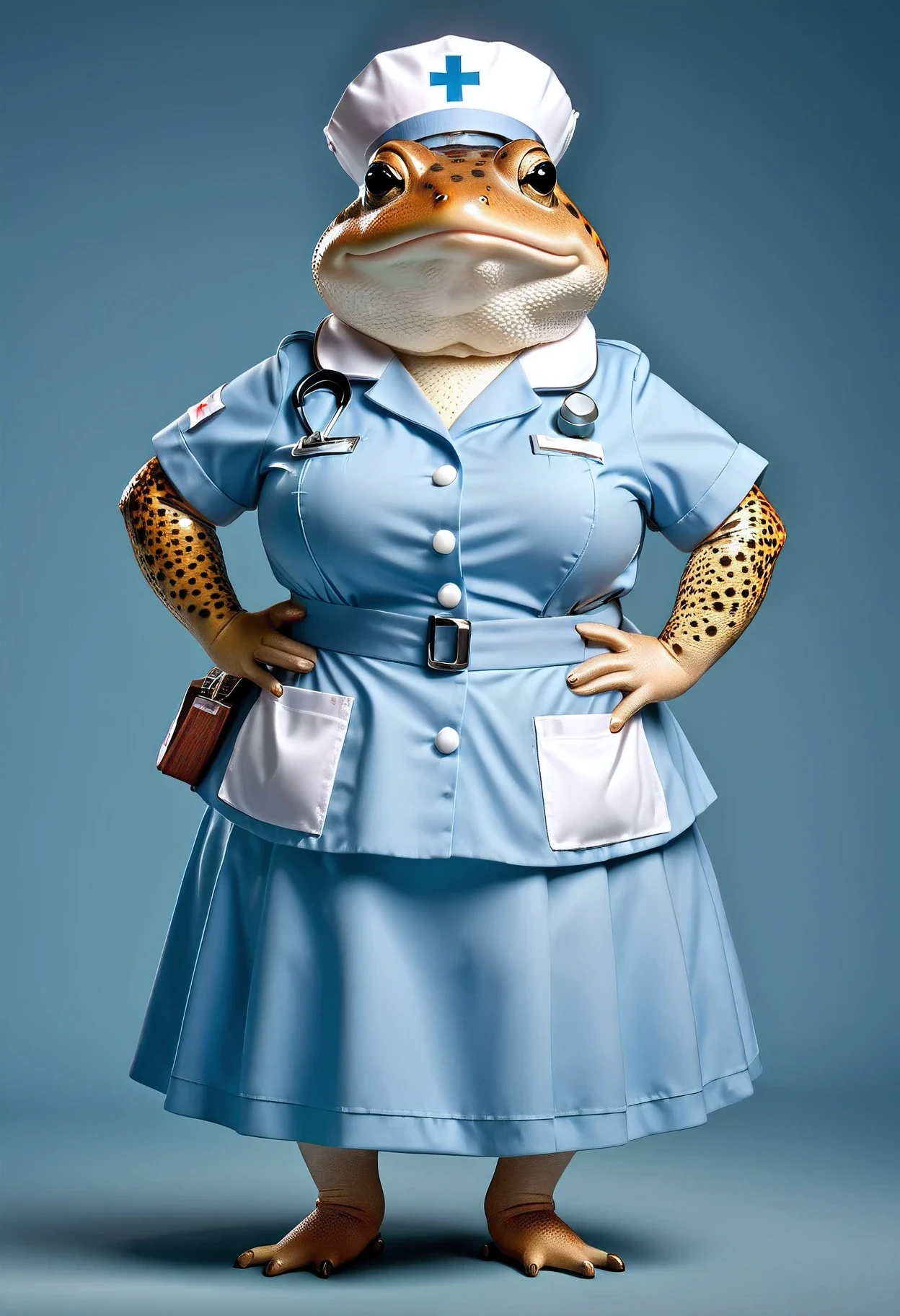 photorealistic portrait of Dressed animals - a ((fat)) toad nurse,(hands on hips:1.2),(), high quality,(lovely) ,intricate details, highly detailed ((light blue nurse costume)), wearing nurse cap and skirt , highly detailed medical equipment , (happy), studio lighting,(),(simple background)