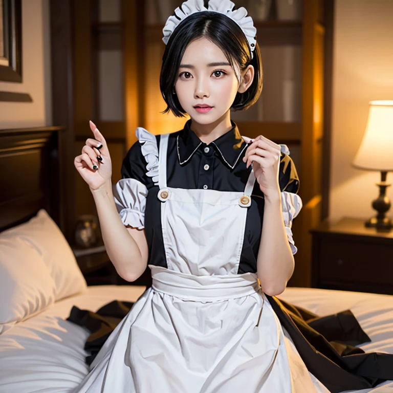 (nsfw:1.5), (blush, pleasure:1.26)、Raw photo、(((Ultimate beauty full body photo shoot)))、((glowing skin))、(1 girl), lolita、young face、bright look、detailed face、((black haired、short cut hair:1.2))、((Maid clothes:1.5))、counter point shot、((Super detailed))、(完璧にdetailed face)、(fine hands)、(finger details)、(good human structure)、A photorealistic masterpiece、最high quality、High resolution、very detailed、detailed background、8KUHD、Digital single-lens reflex camera、(soft light), high quality、Fujifilm XT3 、shallow depth of field、Kamimei、(dark bedroom, on the bed:1.2)
