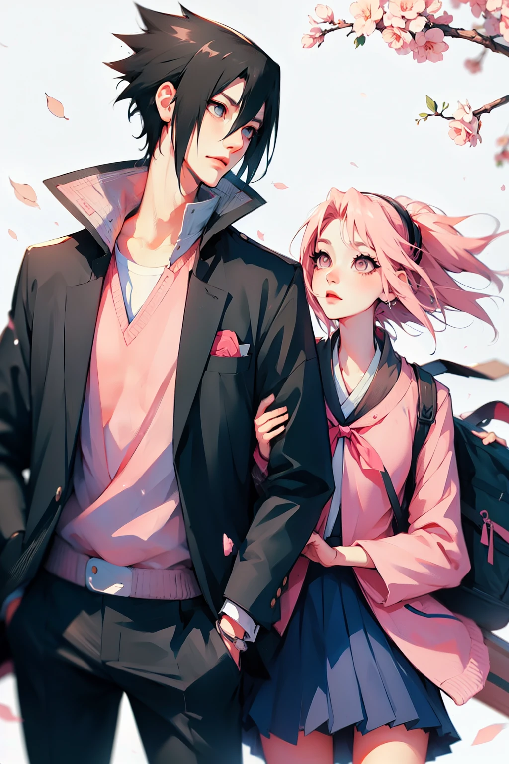 sasusaku. Sasuke Uchiha, a tall man with black hair and wearing a , is a student and has his hands in his pockets. Sakura, a thin woman with pink hair, is a student and has her hands in her pockets. best quality, adorable, ultra-detailed, illustration, complex, detailed, extremely detailed, detailed face, soft light, soft focus, perfect face. In love, illustration. two people, couple,