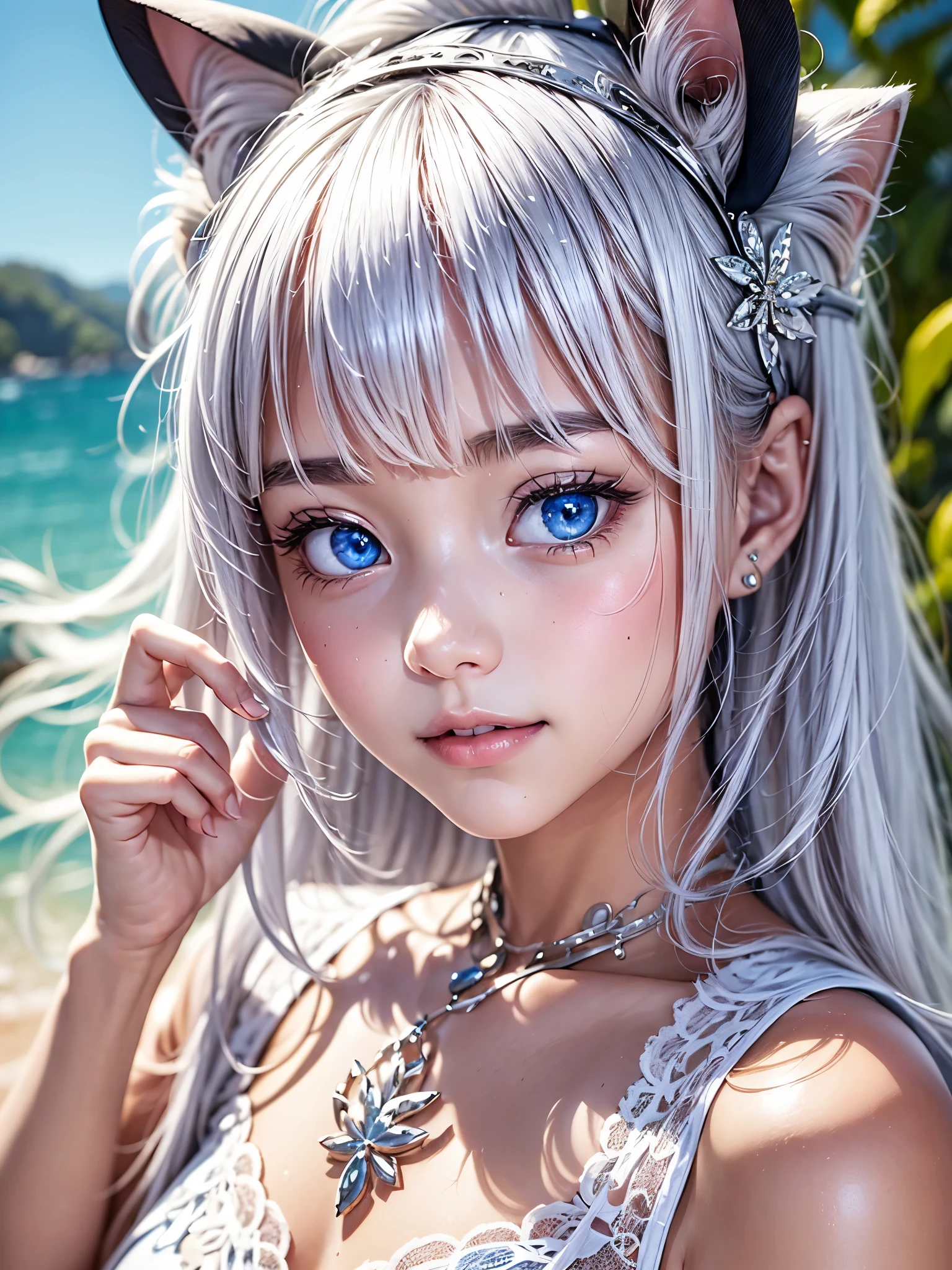 (masterpiece:1.3), (8K、photorealistic, Raw photo, best quality:1.4), (1 girl), (solo), ( beautiful silver-haired Scandinavian girl), (Very beautiful and attractive woman, beautiful silver hair、intense blue eyes, strong eye highlights), (cute, little:1.5), (very beautiful face:1.5), (Beautiful face with perfect symmetry:1.2), (cute face:1.5), (wonderful smile:1.2), (perfect anatomy), (high detail skin: 1.2), (natural breasts), (beautiful thighs), (Intense blue eyes), (Beautiful silver hair bob cut), crossed bangs, asymmetrical bangs, lip gloss, (accurate arm, five fingers, accurate legs), (Detailed white dress, mini skirt:1.2), (The dress features white detailed lace., Decorated with silver embroidery), (Silver decorative headband, necklace), (Stylish high heels), Attractive, ultra high resolution, Super realistic, extremely detailed, golden ratio, Photorealistic anime girl rendering, Realistic anime 3D style, look at viewer, Summer coastal resort, Beautiful sea and flower background, ((beautiful smile)), (Cat ear)