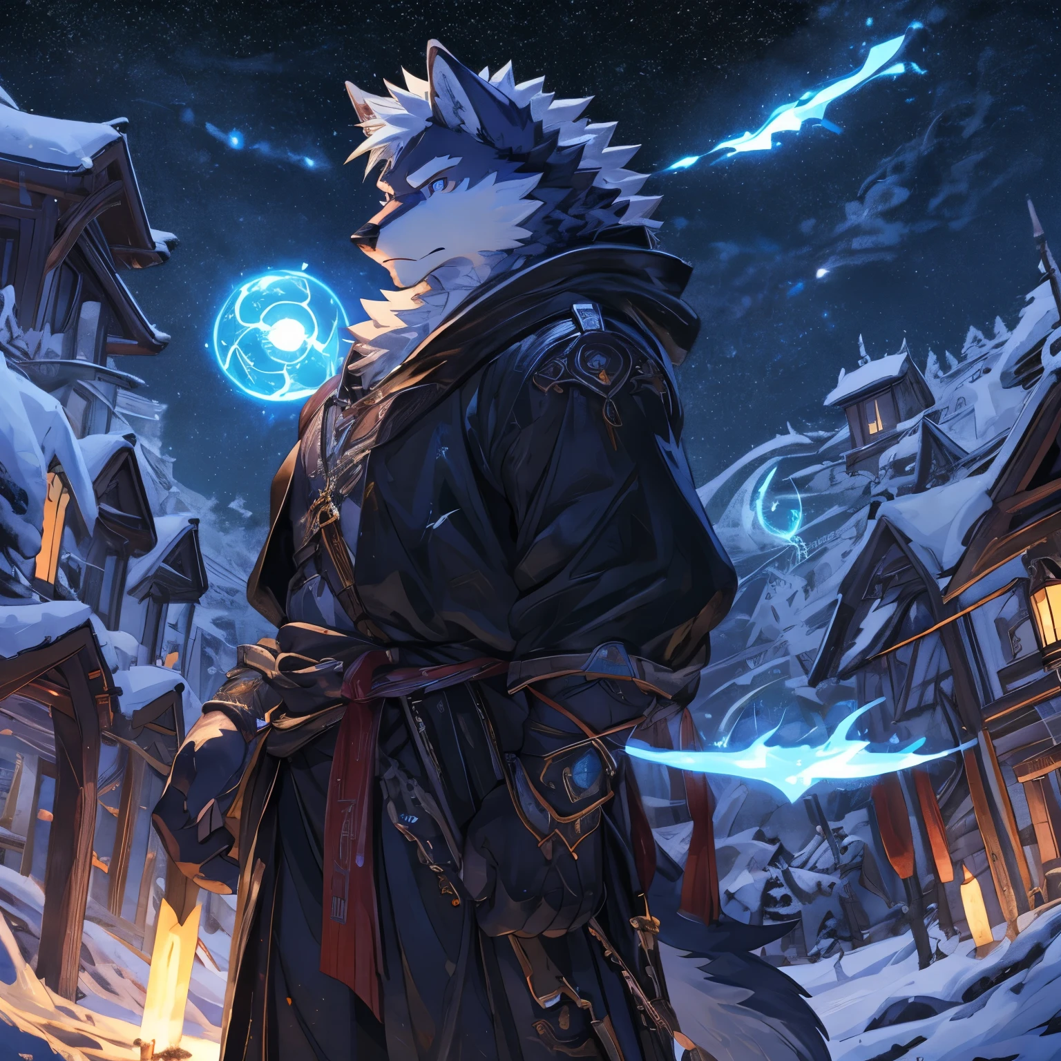 UHD anime art, inspired by Final Fantasy VI, presents a wolf therianthrope adventurer in an epic scene. His muscular form is clad in light black leather armor, accentuating every curve and line of his physique. A metallic gauntlet covers his right hand, gleaming under the ultra-high definition lens. He stands with a confident pose, his large sword raised in front of him, its edge reflecting the vibrant anime colors around him. An aura of sapphire blue energy surrounds him, adding to the intricate details of this masterpiece. The dramatic setting, filled with high detail and realism, makes for an unforgettable visual experience. By Akira
