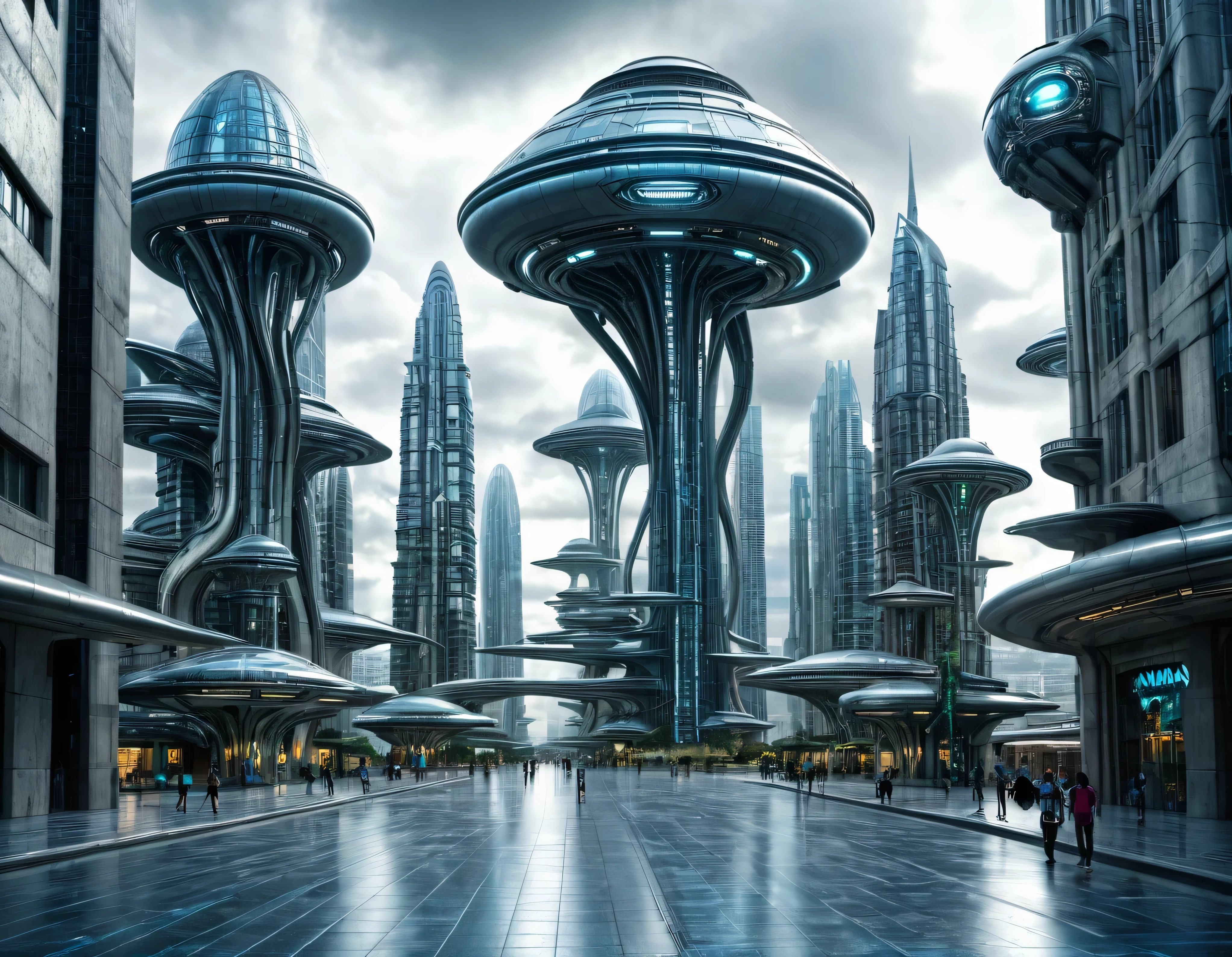 street of an extraterrestrial alien city with futuristic and technological architecture in its metal and glass conglomerado de buildings, some aliens walking around, ventanas iluminadas, all full of imagination, science fiction and (intrincados detalles de la maquina).imagen fotorrealista, Maximum sharpness, calidad 8k.(obra maestra de calidad superior). 3D.