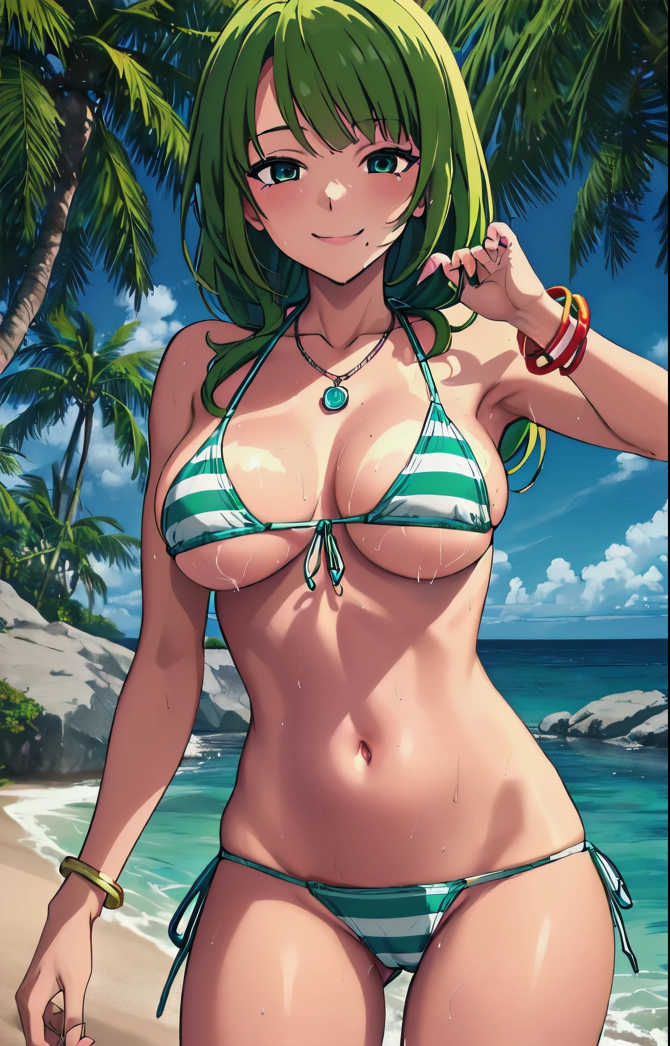 1 girl, alone, Upper body, face-to-face audience, looking at the viewer, smile, Micaboin, tan, Sunburn marks, necklace, bracelet, striped bikini, multicolored stripes, side tie bikini bottom,green hair,((NSFW))