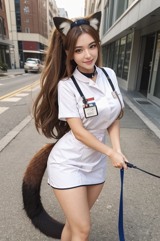 ((highest quality)), ((masterpiece)), (get used to it), perfect face, fox girl, Beautiful woman, public, A tail is growing, she has a fluffy tail, she has a fox tail, she wags her tail, smile, collar and leash, she is wearing a nurse uniform, beautiful hips, big tail