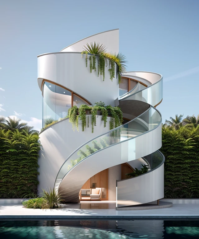 Real, architectural, there are blue sky and white clouds, exterior house, pink color, glass, plant, curve house, curve wall, spiral staire, plant around the building, (best quality,ultra-detailed,realistic:1.37),modern luxury house with multiple spacious glass windows,exterior view,large garden,expansive pool,contemporary architecture,abundance of natural light,sleek design,open concept,high ceilings,panoramic view,expansive landscape,reflection in the pool,vibrant colors, ((realistic photo)), RAW photo, sunlight, day light, sky, corona render, sharper photo, details texture, details plant, (masterpiece, top quality, best quality, official art, beautiful and aesthetic:1.2),(8k, best quality, masterpiece:1.2),CGgameC4D bsw, no humans, C4D, garden in front of the building