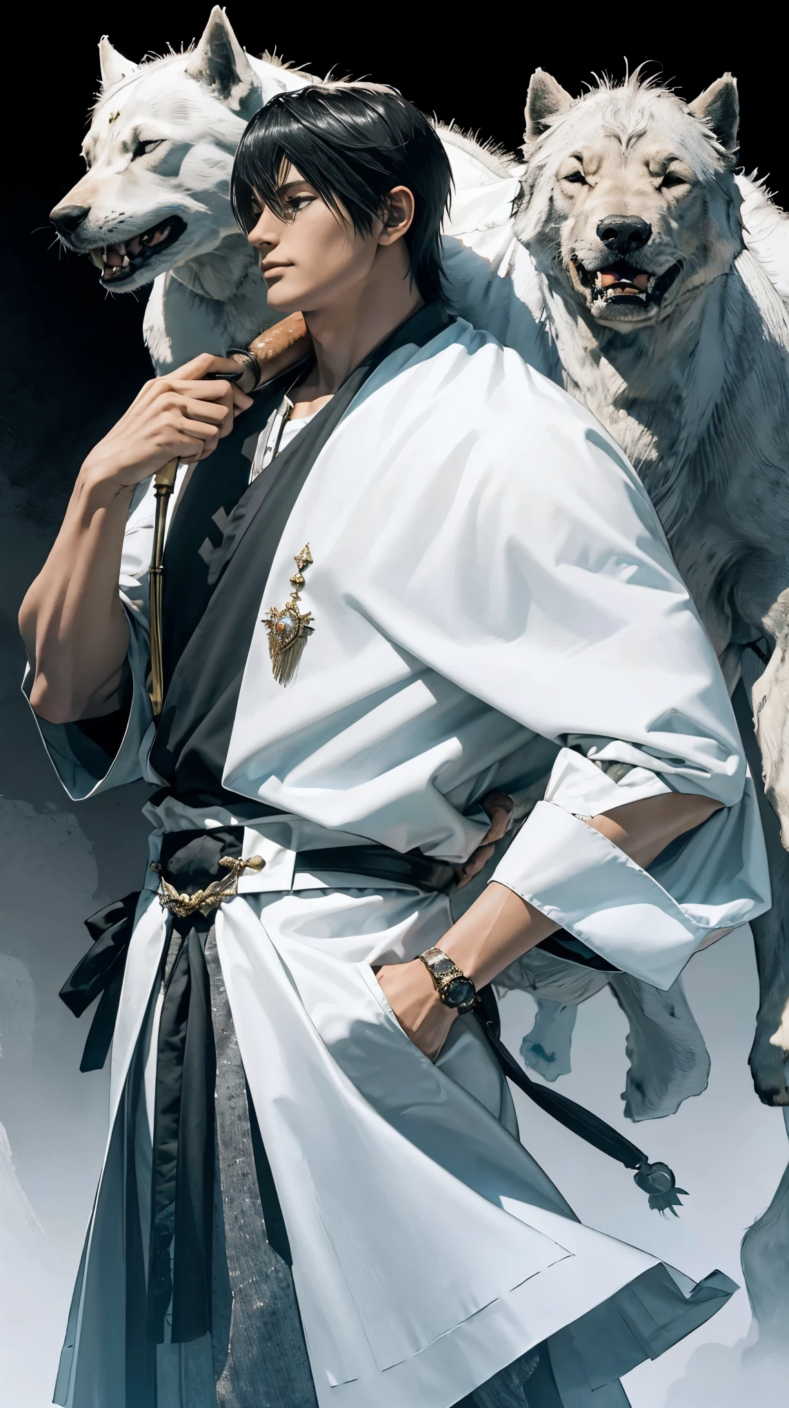 (majestuoso, impresionante, Exquisito:1.3),toji fushiguro, En perfil, espada corta, una mano en el bolsillo,perro blanco