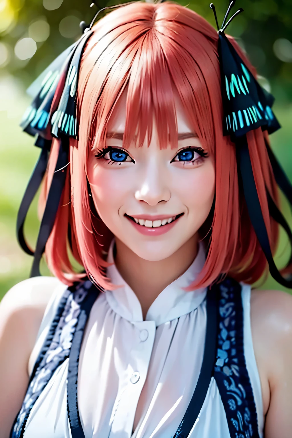 RAW shooting:1.2)、(realistic:1.4)、(masterpiece:1.3)、(highest quality:1.4)、beautiful white people、7 head and body、Beautiful in every detail目、eyelash、beautiful double eyelids、alone、cute、(cute:1.2)、beautiful woman、nino nakano、The Quintessential Quintuplets、8K、Beautiful in every detail、detailed hair、ultra high resolution, surreal、(A smile full of happiness:1.4)、detailed eyes、detailed face、butterfly hair ornament、pink hair、shortcut、high